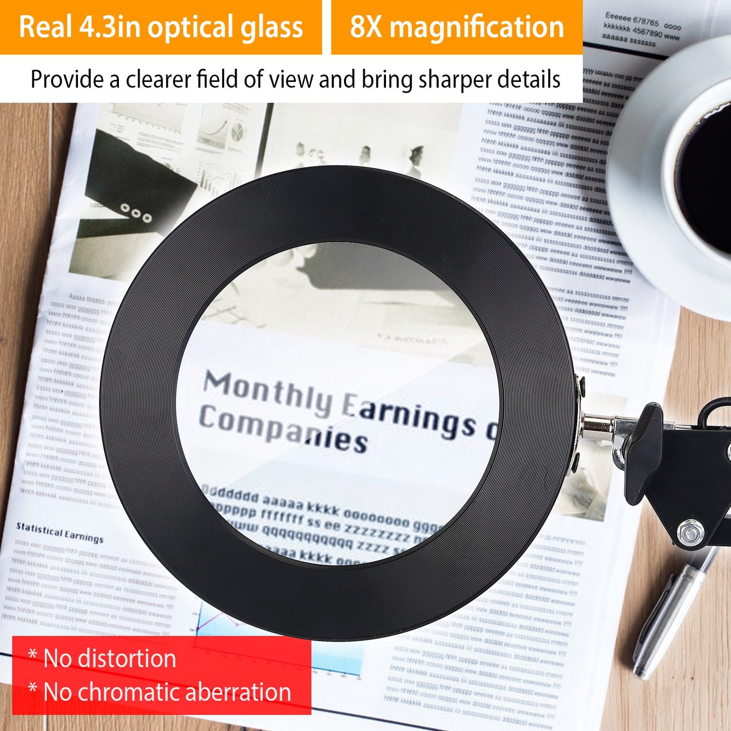 8X Magnifying Desk Lamp with Light, Clamp & Stand, 3 Light Modes, Black