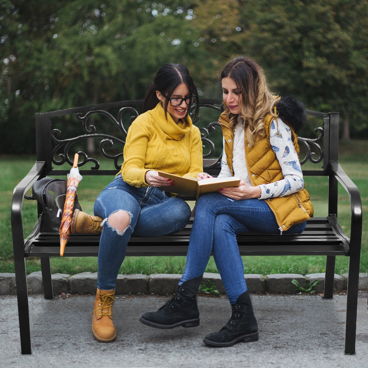 50 Inch Steel Frame Outdoor Bench with Cast Iron Backrest