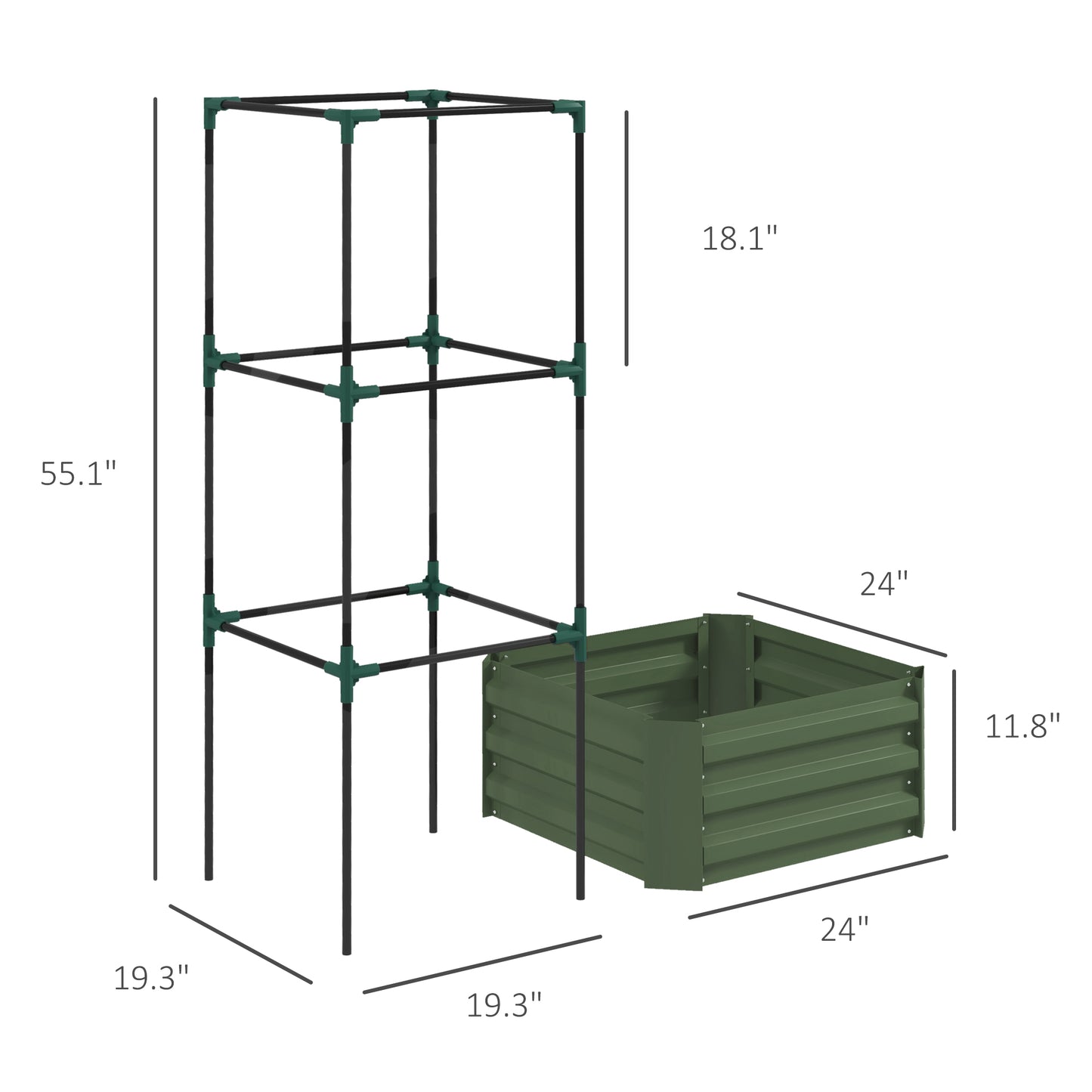 Galvanized Raised Garden Bed with Tomato Cage - 24x24x55 inches, Green