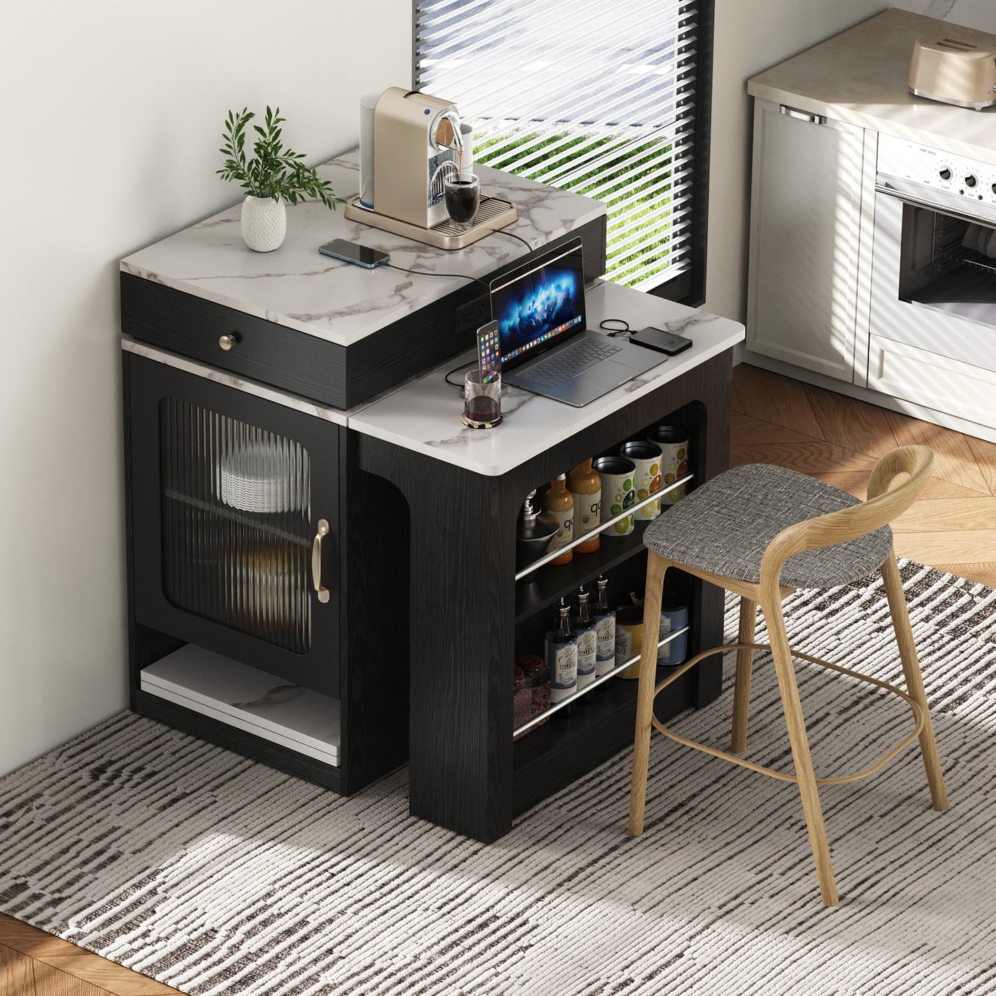 K&K 59.5 Kitchen Island With Extendable Dining Table, Storage Table