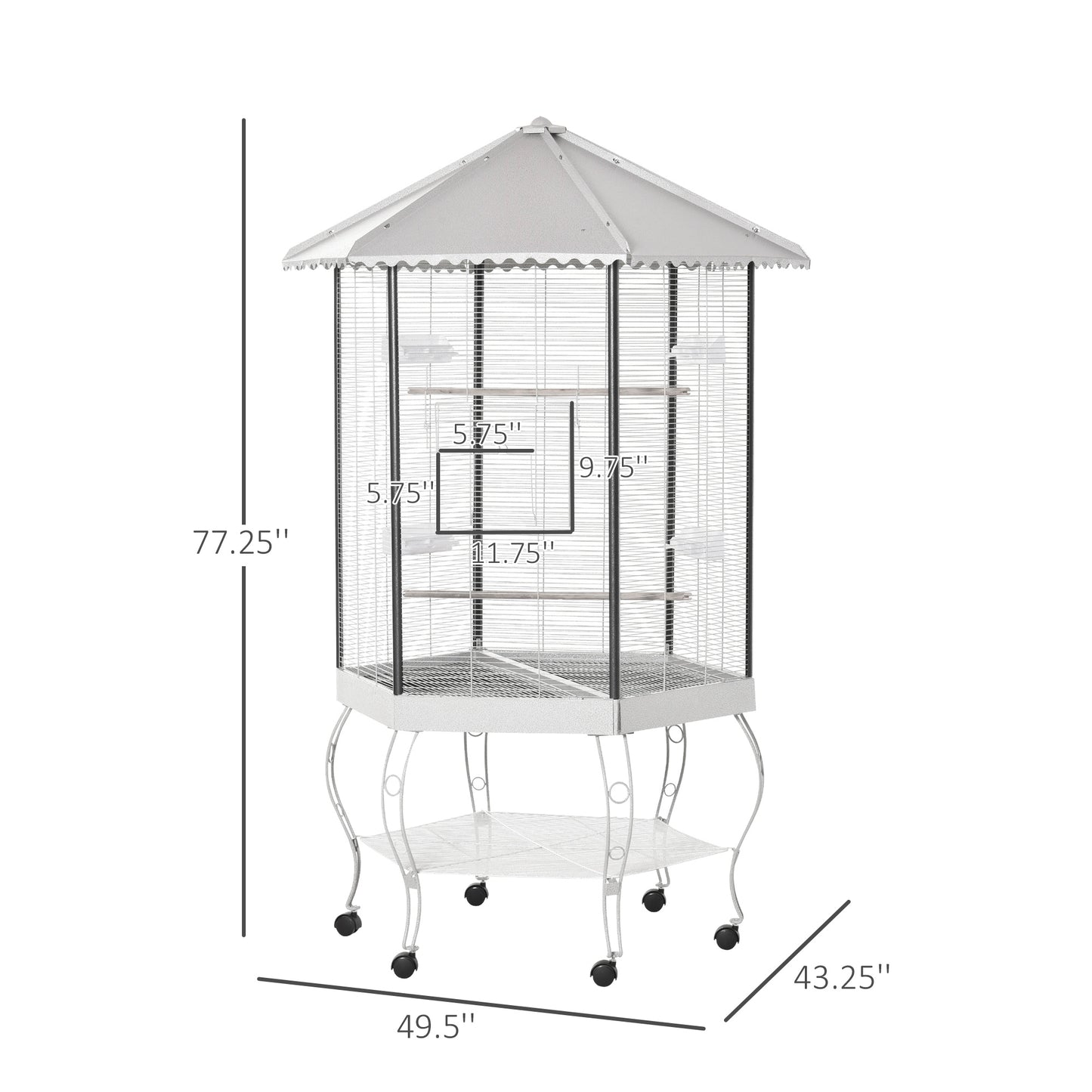 77-Inch Hexagon Bird Cage with Canopy, Portable Aviary, White
