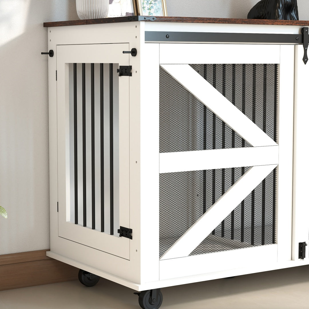 47.2-Inch Mobile Dog Crate with Flip-Top Feeding Door, Dual-Access & Casters