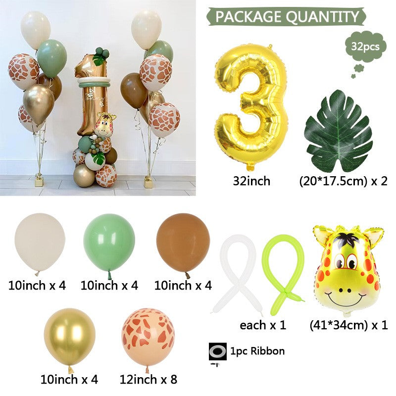Green Leaf Jungle Animal Birthday Balloons - Digital Aluminum Film Decor Set