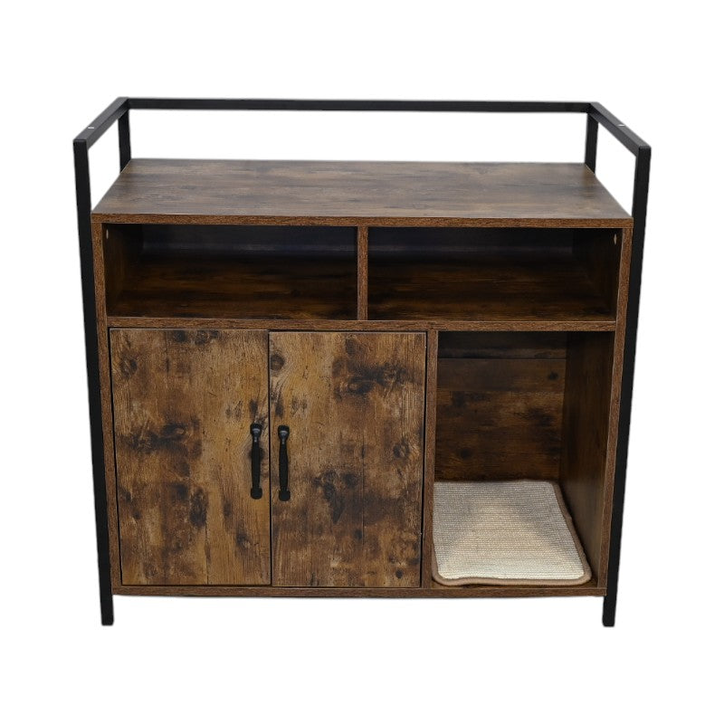 Rustic Brown Wooden Cat Litter Box Enclosure with Scratching Mat - Spacious Pet Furniture