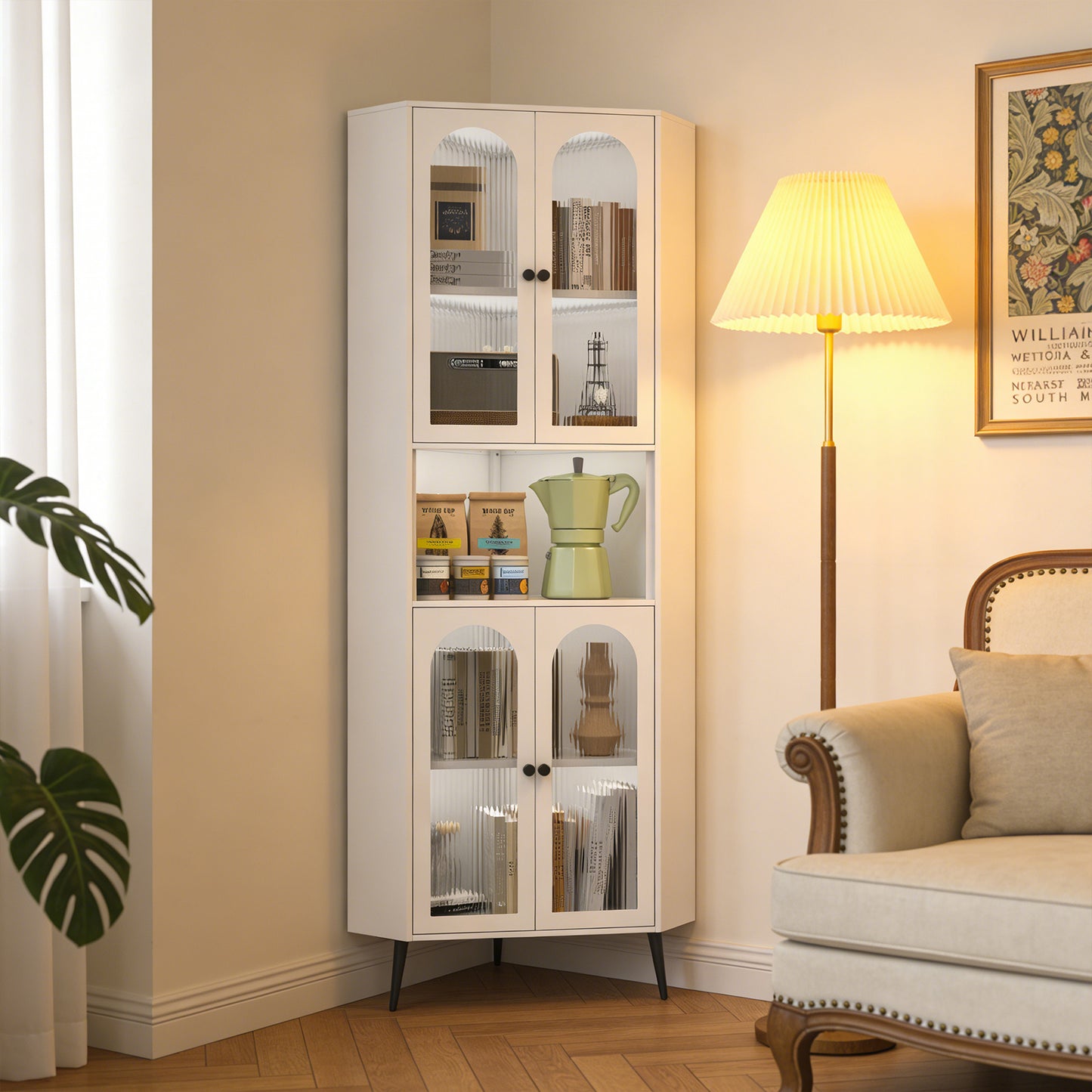 73'' White Metal Corner Storage Cabinet with Adjustable Shelves
