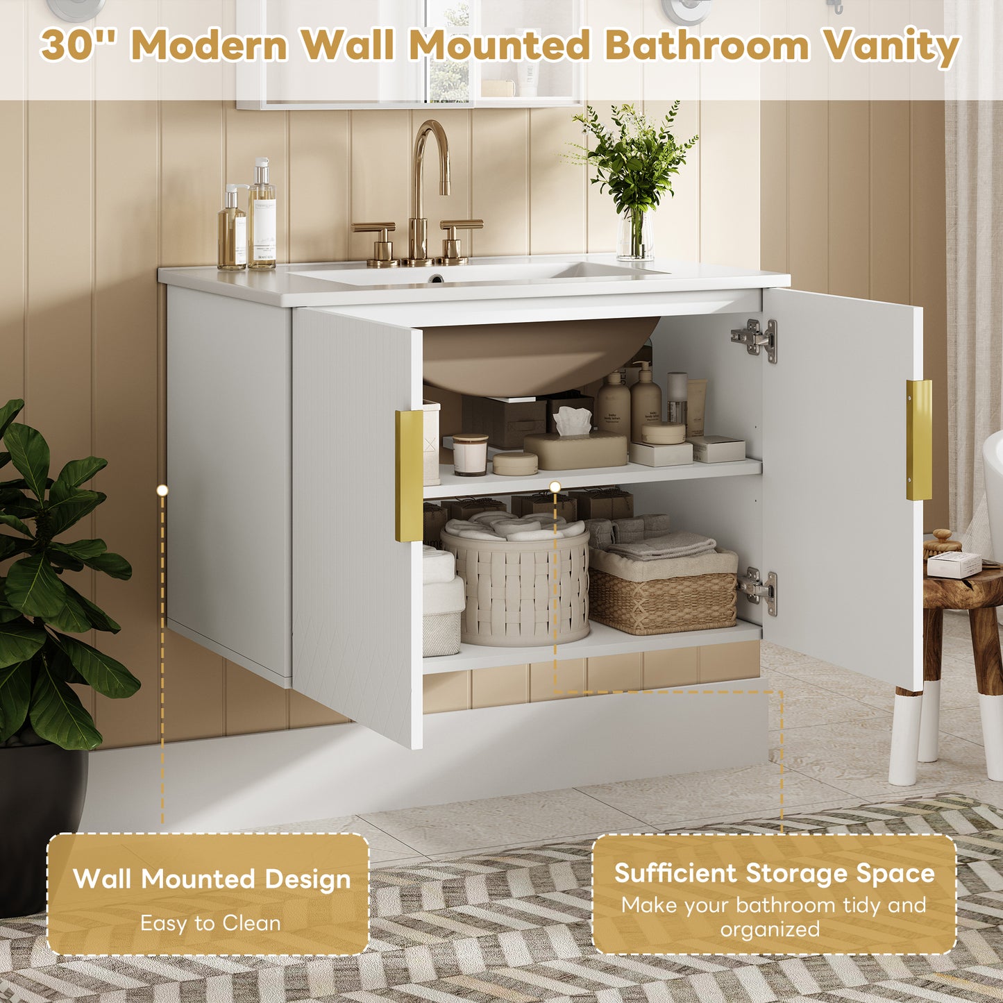 30" Vintage Bathroom Vanity with Ceramic Sink and Storage Cabinet