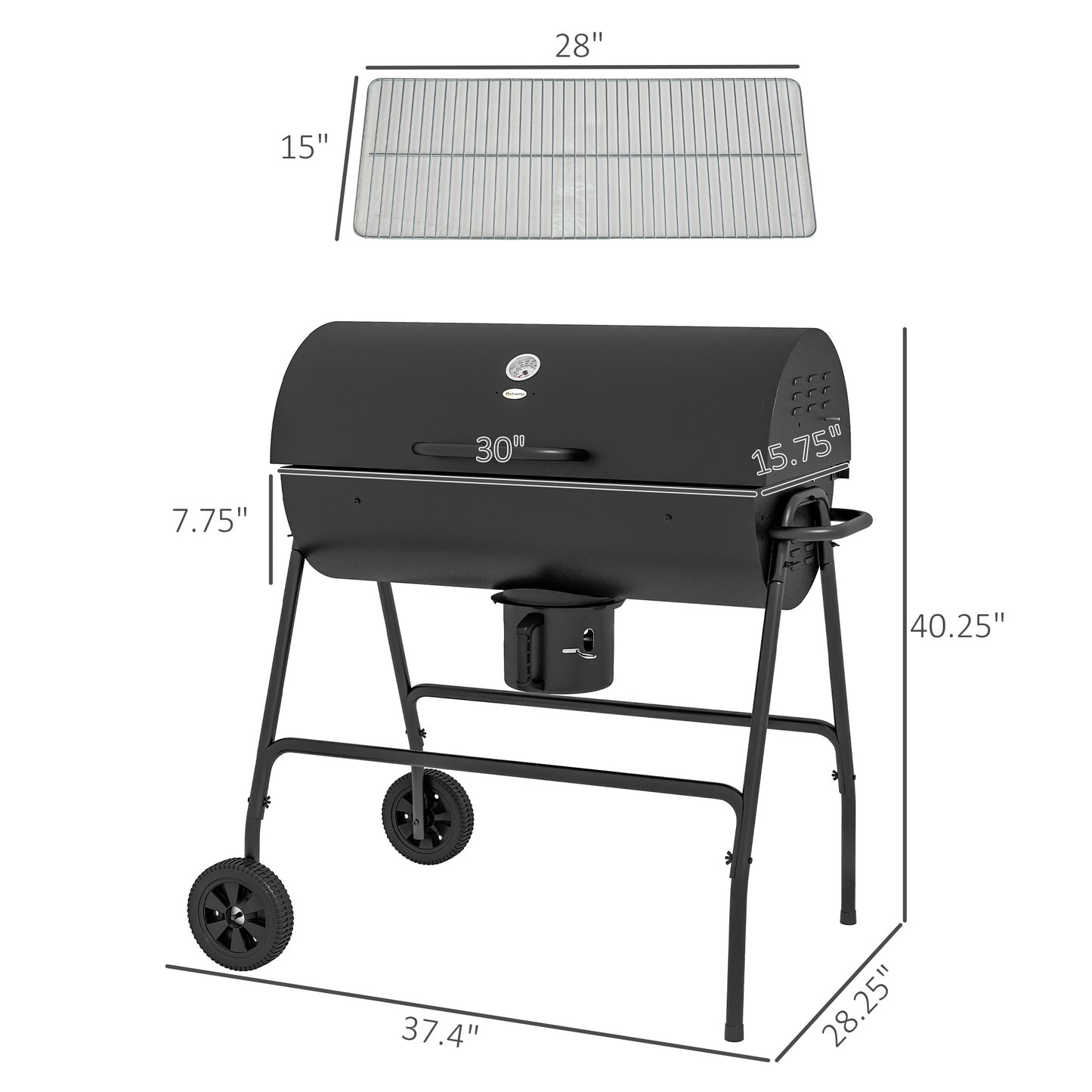 Charcoal Barrel BBQ Grill with Ash Catcher & Wheels - Black