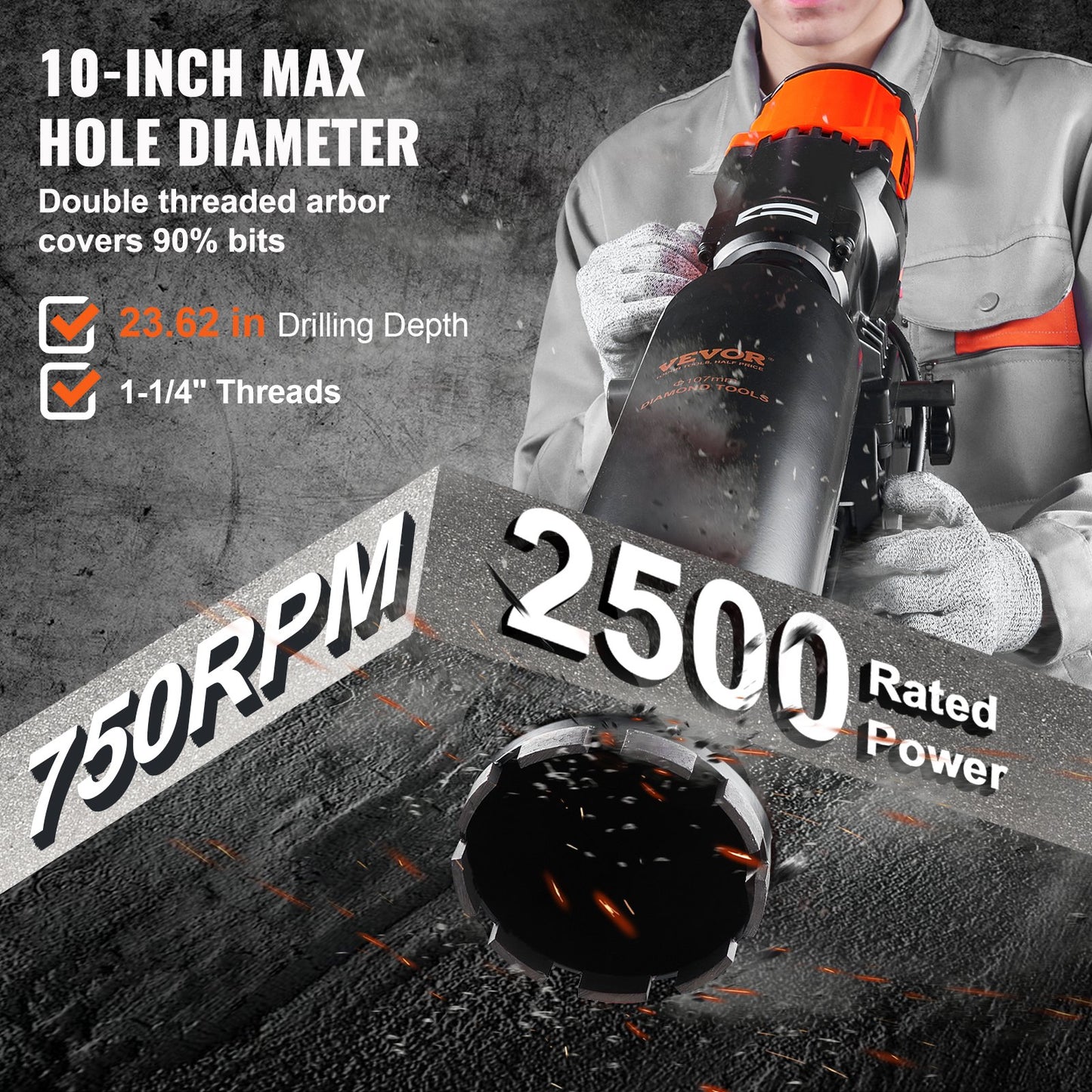 10-Inch Wet Concrete Core Drilling Machine with Stand Wheels - 2500W, Orange