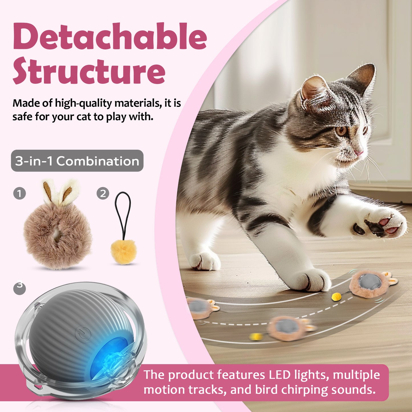Interactive Cat and Dog Chase Toy Ball with Lights, Fluffy Tail & Bunny Ears