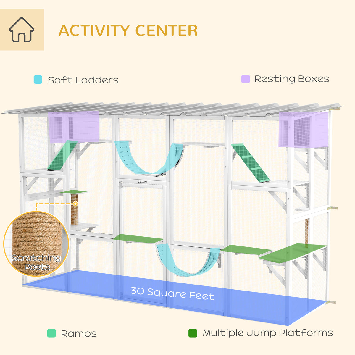 Large Outdoor Cat Enclosure with Condos & Bridges - White 118"