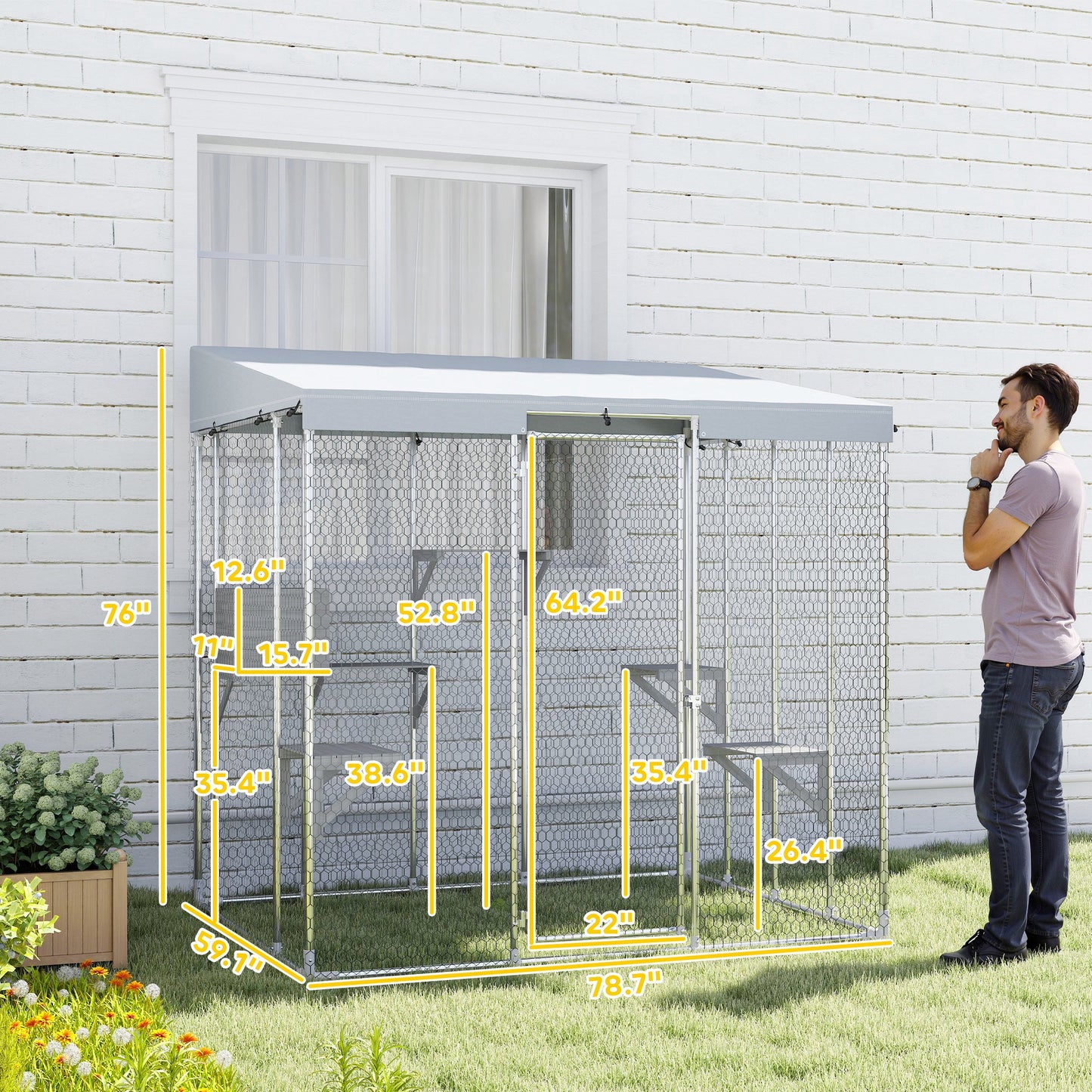 Large Galvanized Steel Cat Enclosure with Waterproof Canopy and Jumping Platforms - Silver, 79 Inches