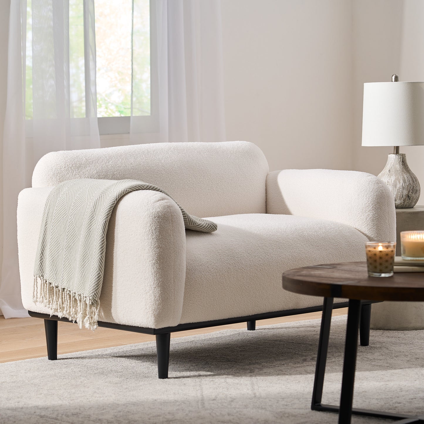 50-Inch White Boucle Loveseat Sofa with Black Legs