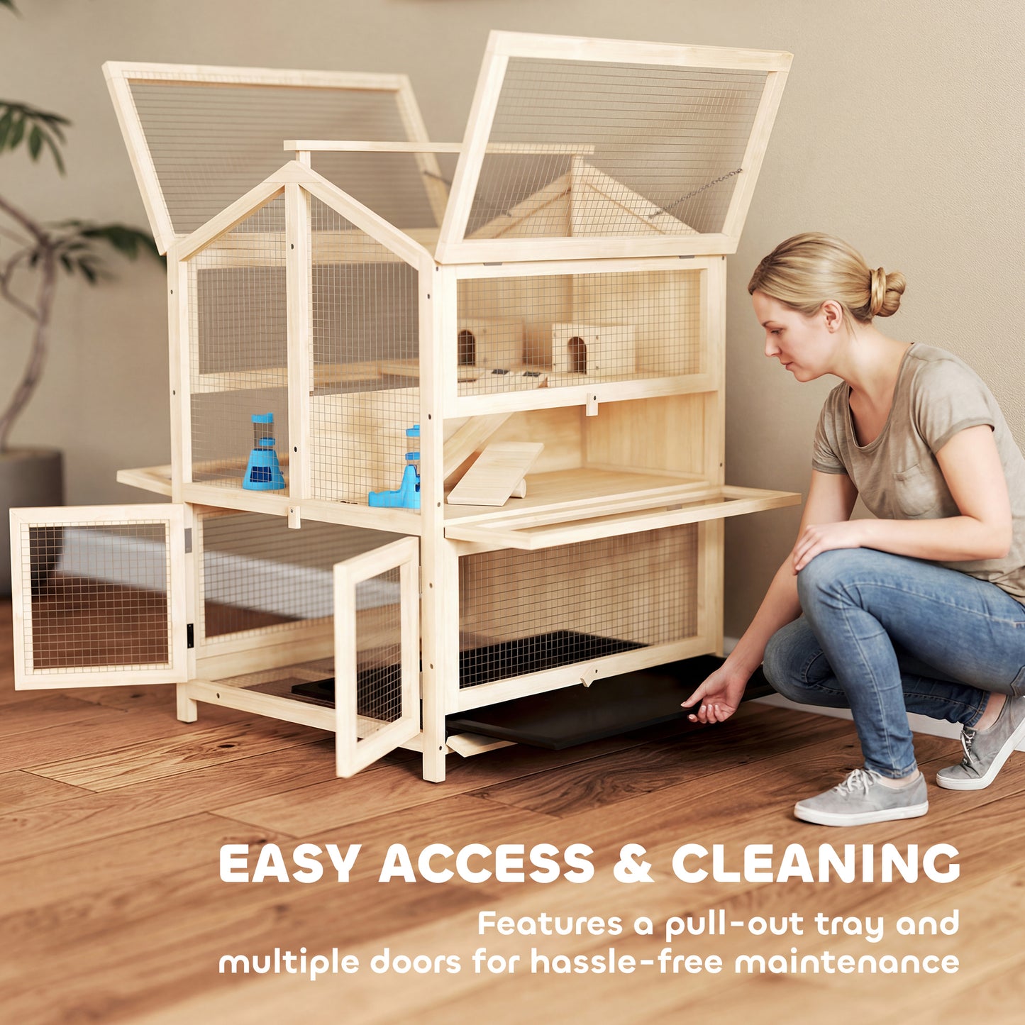 Large Wooden Hamster Cage 3-Tier with Pull-Out Tray & Openable Top