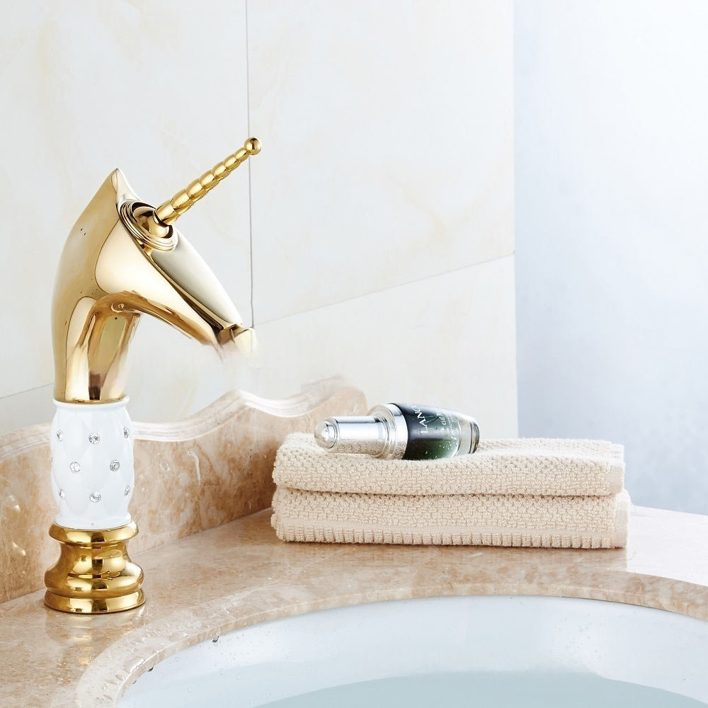 Copper Gold Horse-Head Basin Faucet with Diamond Accents - Light Luxury Bathroom Tap