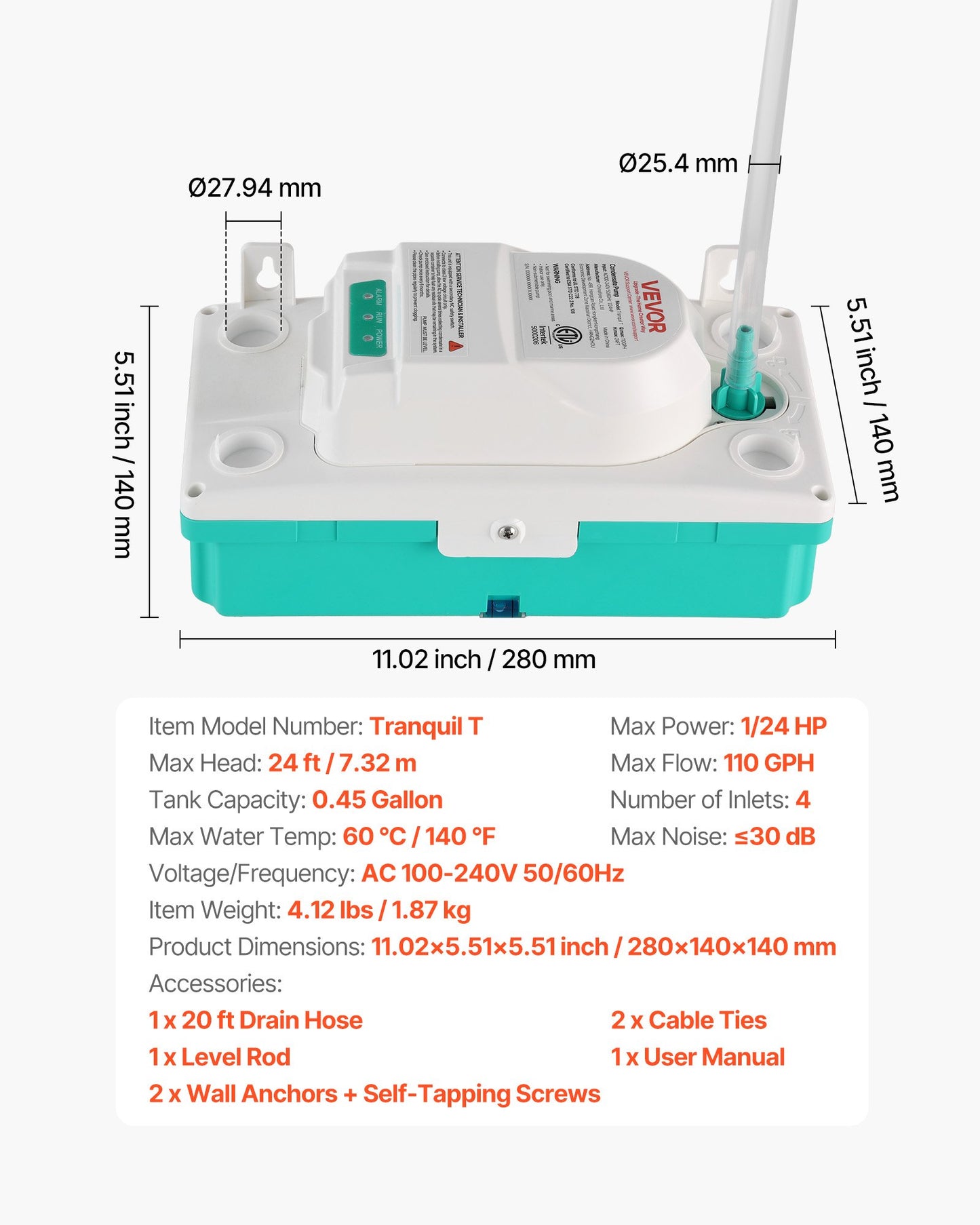 Automatic Condensate Pump 1/24 HP 110 GPH 24 ft Lift with Safety Switch & 20 ft Tubing