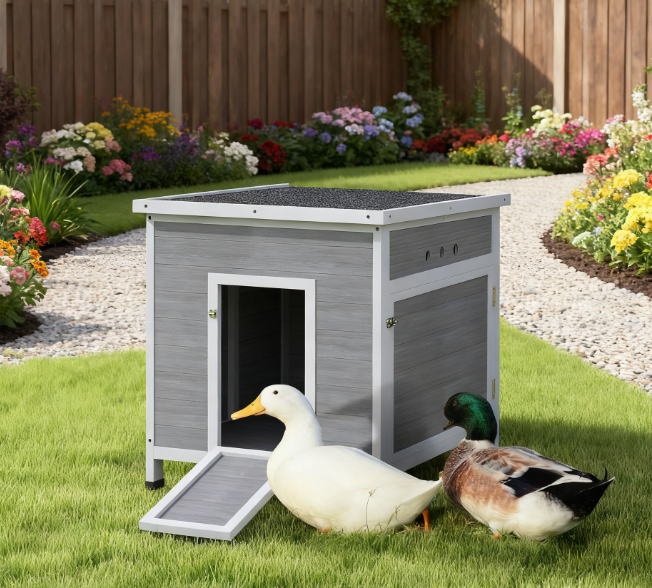 Wooden Duck House with Openable Roof and Removable Floor - Light Grey