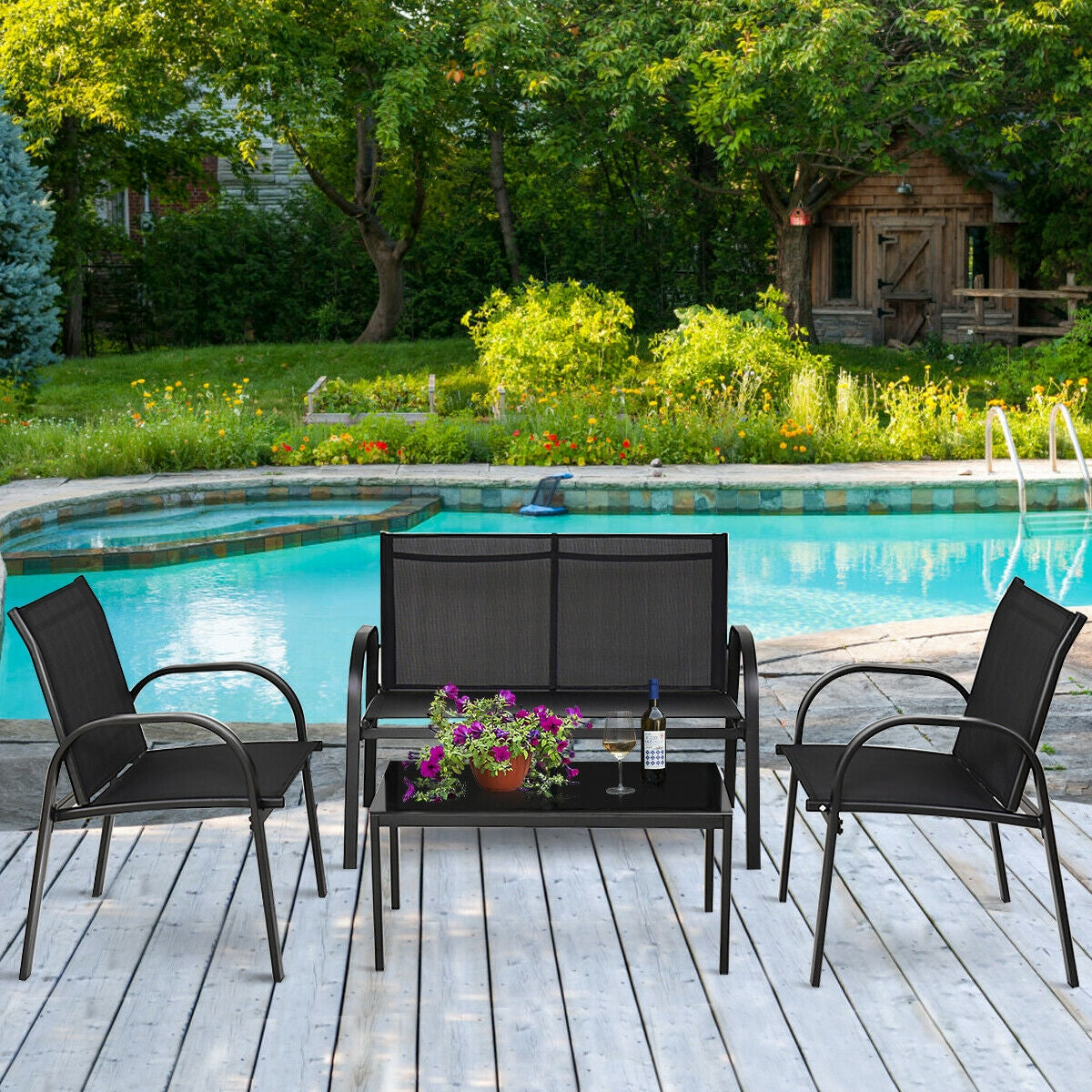 4-Piece Outdoor Furniture Set with Glass Coffee Table - Black