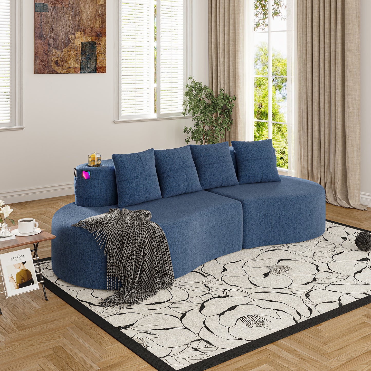 Modern Curved Sectional Sofa - 3 Seat Navy Half Moon Design