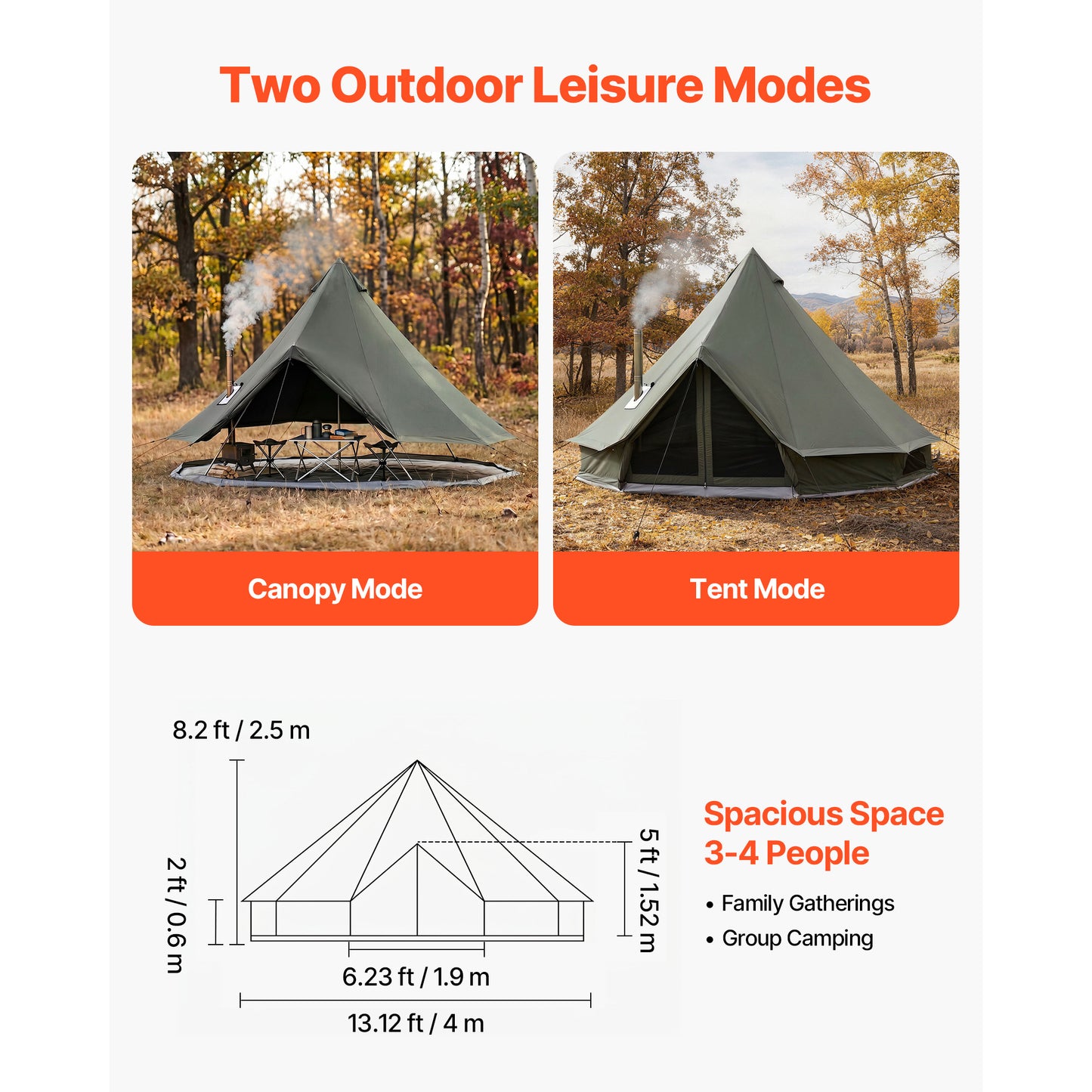 Canvas Bell Tent for Camping - 13.12 Ft 4-Season Yurt with Stove Jack, Detachable Floor