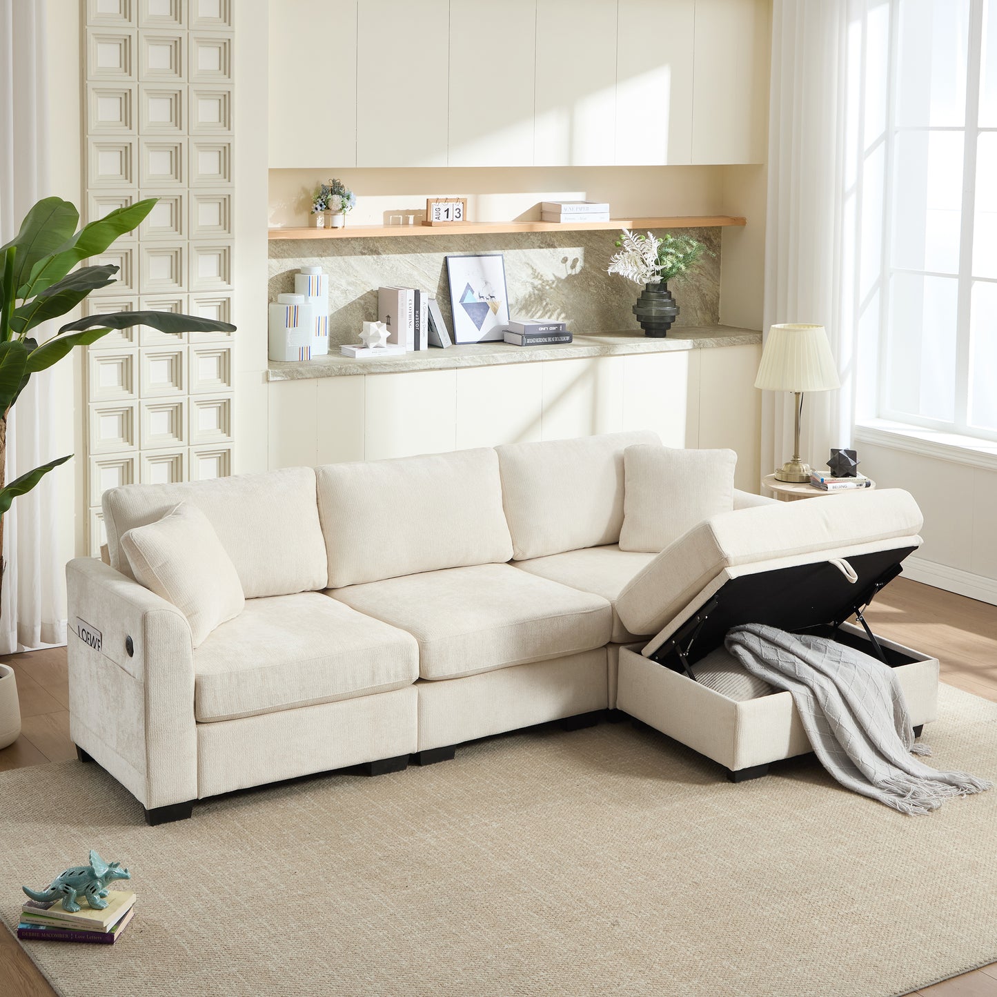 Oversized Modern Storage Sofa with USB Ports & Ottoman - Beige