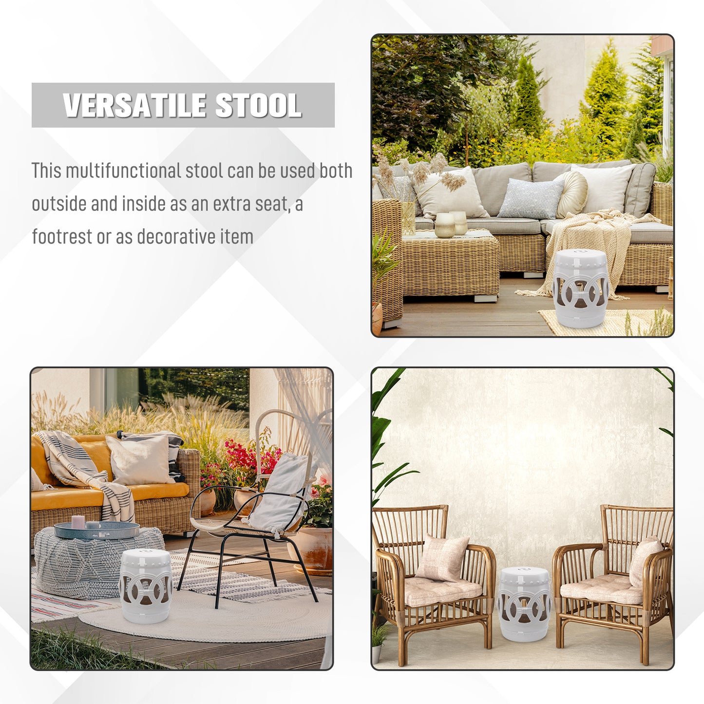 Ceramic Garden Stool - Boho Chic Design, White, 14" x 17"