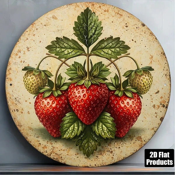 Vintage Strawberry 2D Flat Round Sign - 8x8in Metal Wall Art