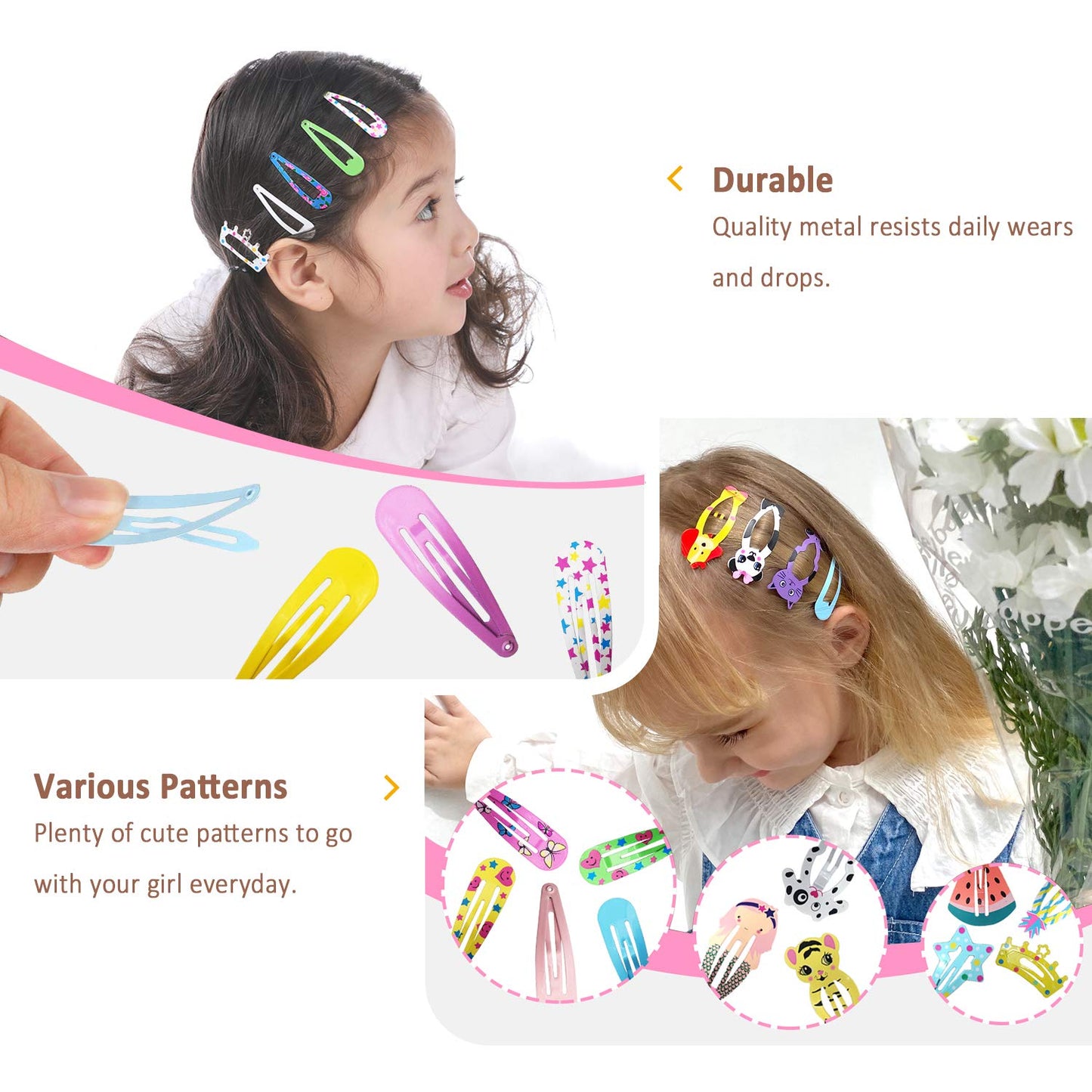 Kids & Women No Slip Metal Hair Clips Set - 100 Assorted Color Barrettes and Cartoon Designs