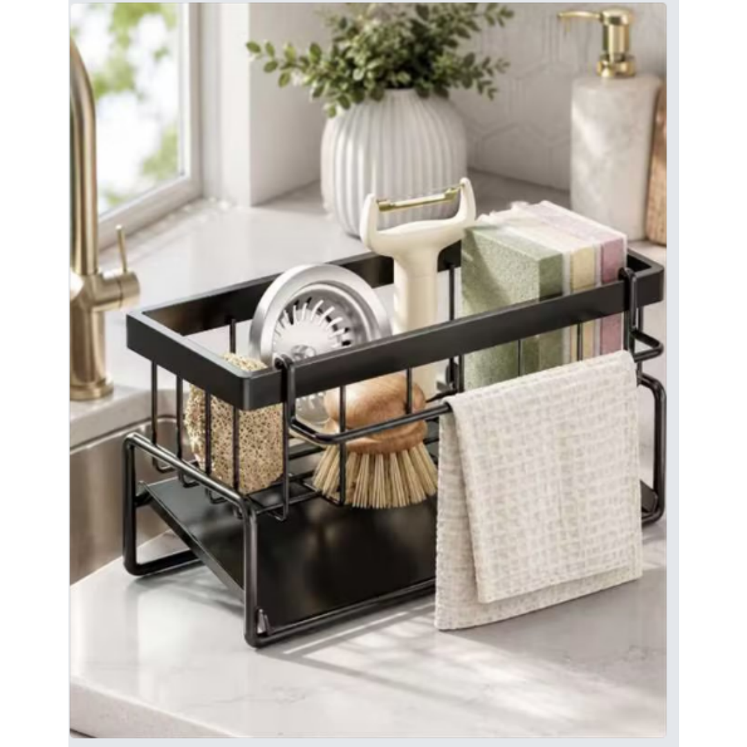Kitchen Sink Caddy Organizer - Double-Layer Sponge Holder, Black