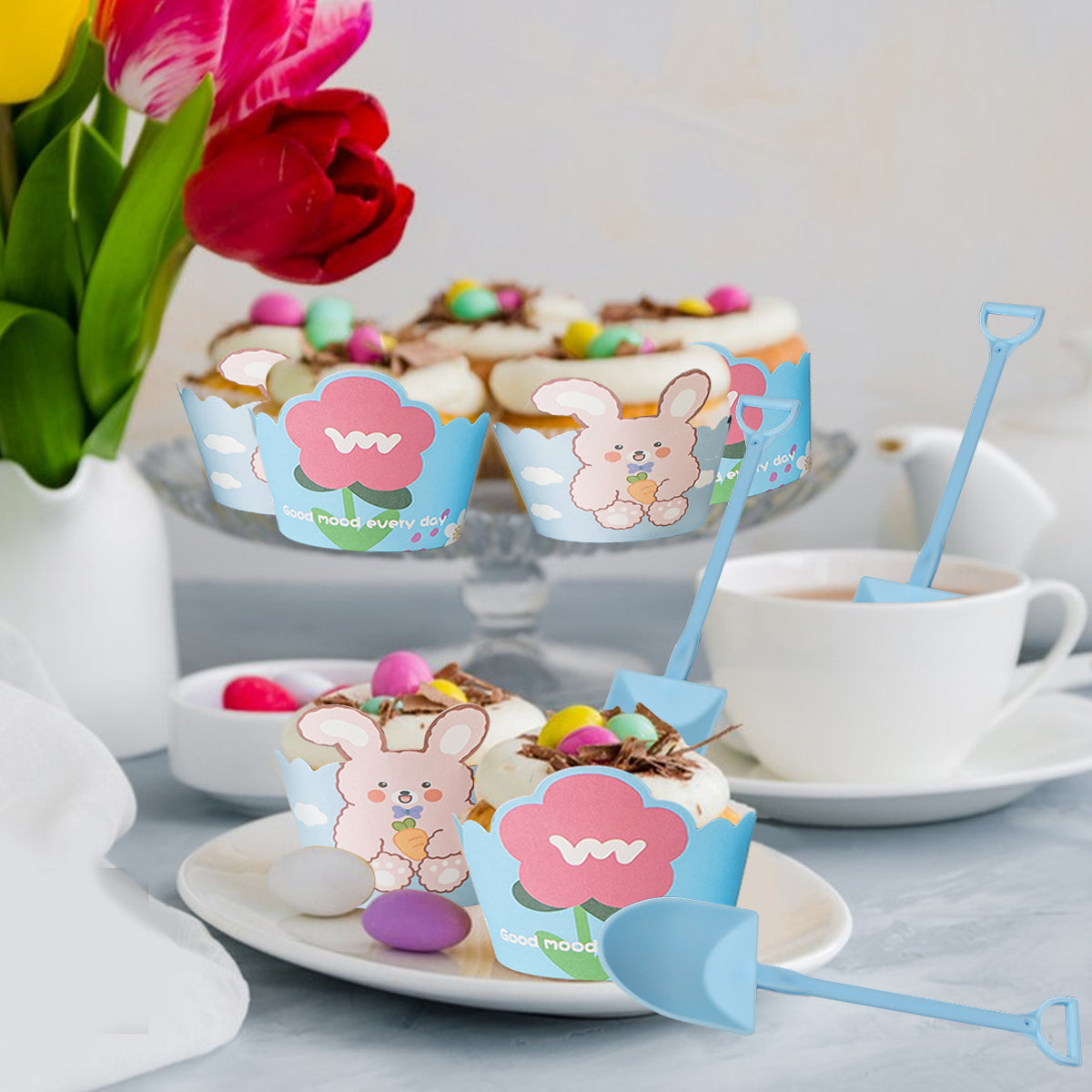 Cute Bunny Flower Cupcake Liners with Spoons - 100 Pcs Set
