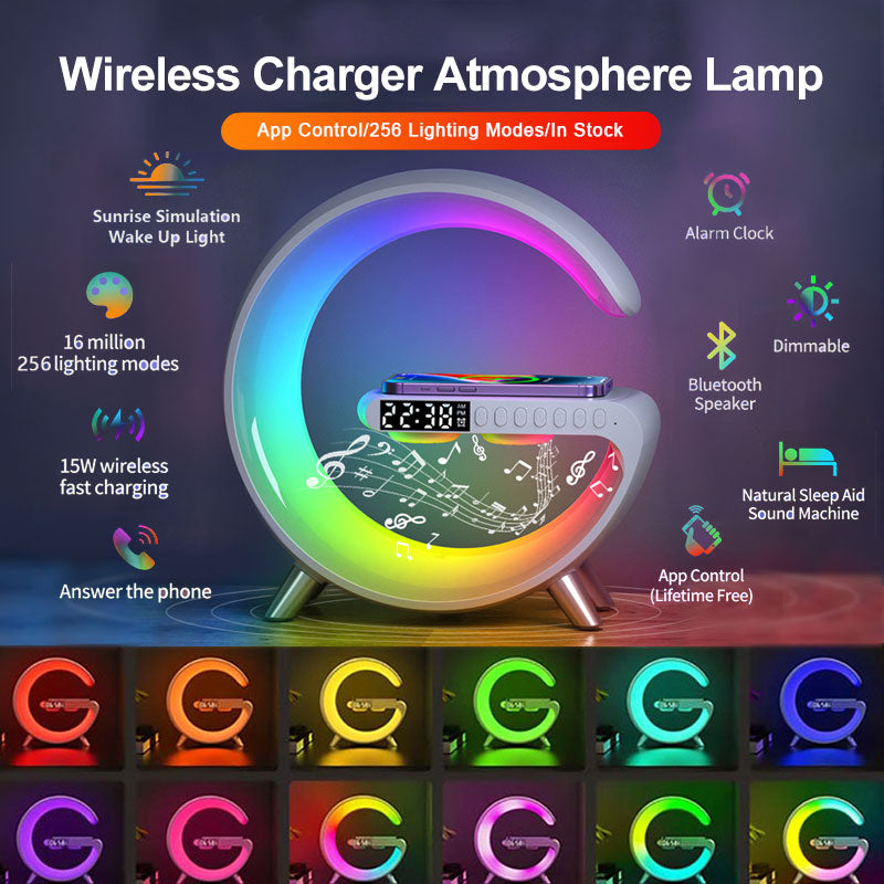 Smart G-Shaped LED Lamp with Bluetooth Speaker & Wireless Charger