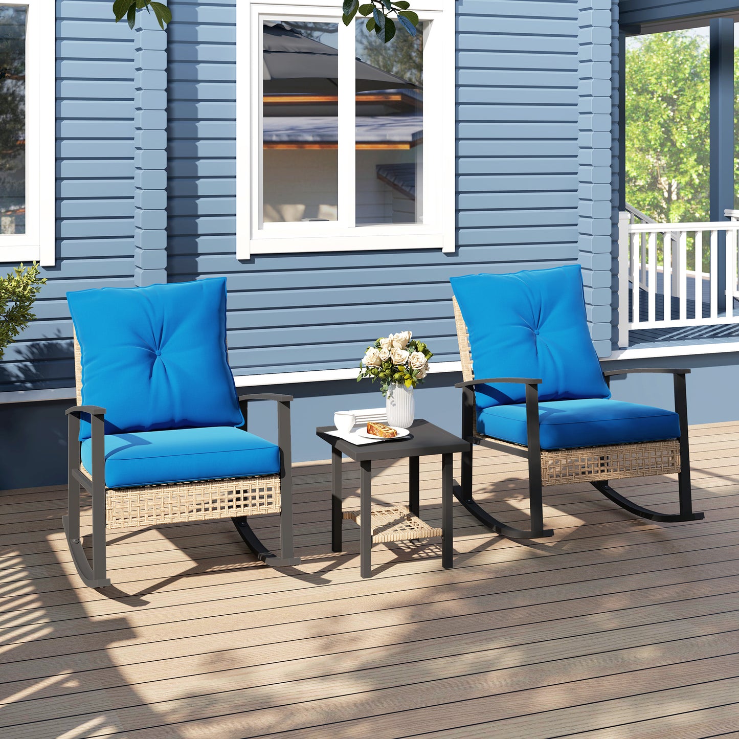3-Piece Outdoor Bistro Set with Rocking Chairs & Coffee Table - Blue