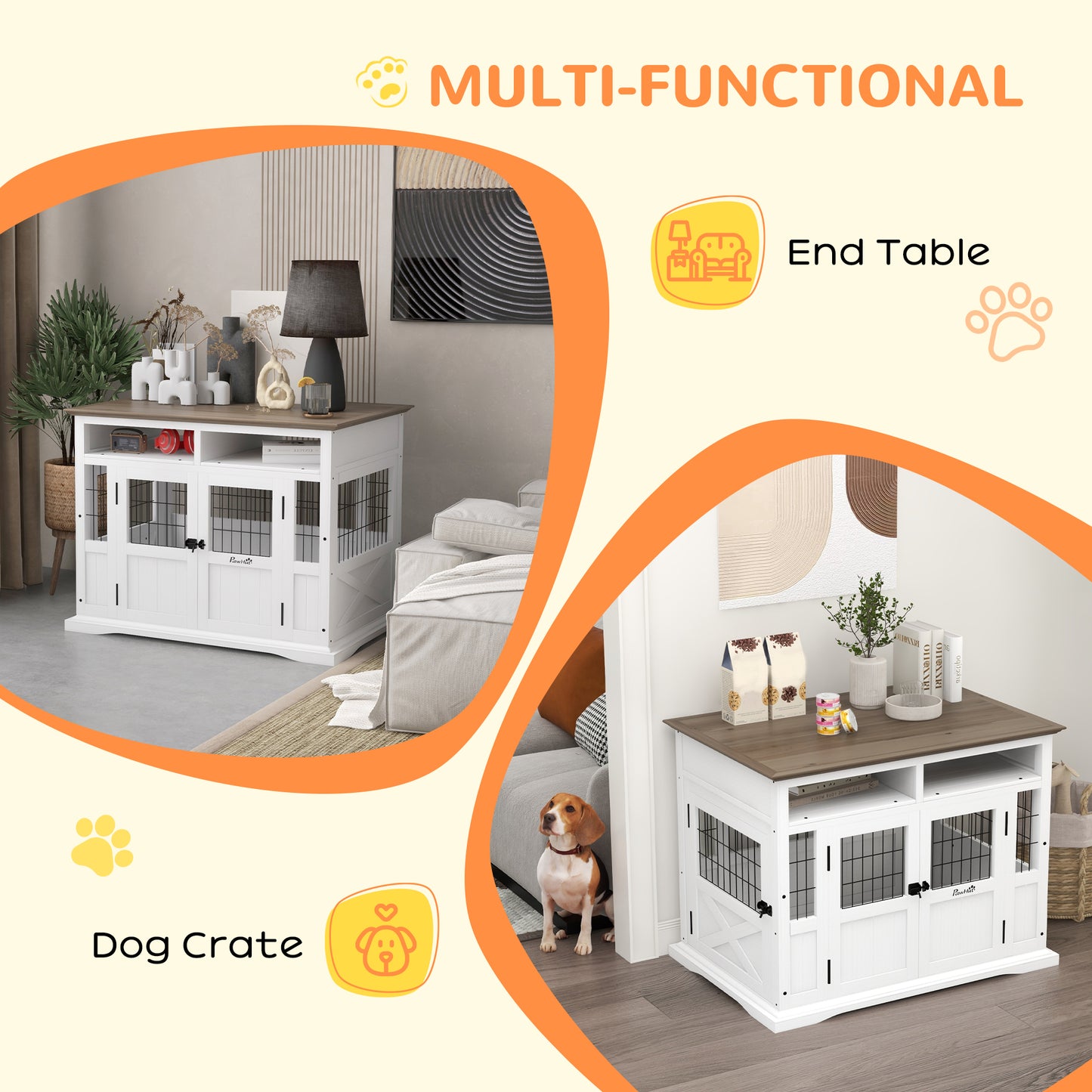 Dog Kennel Side End Table with Storage for Small & Medium Dogs, White
