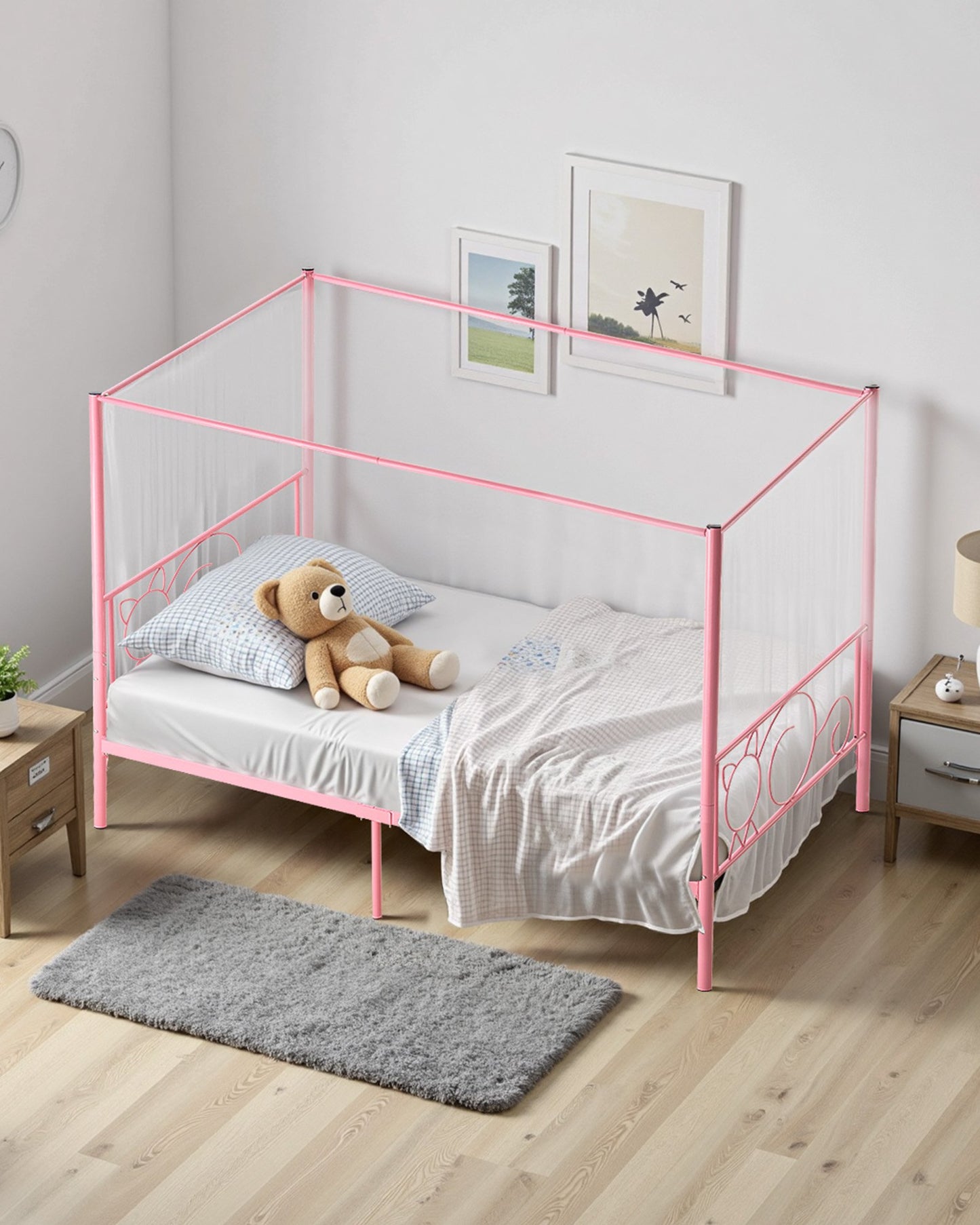 Twin Size Metal Canopy Bed Frame with Storage, Pink, Easy Assembly