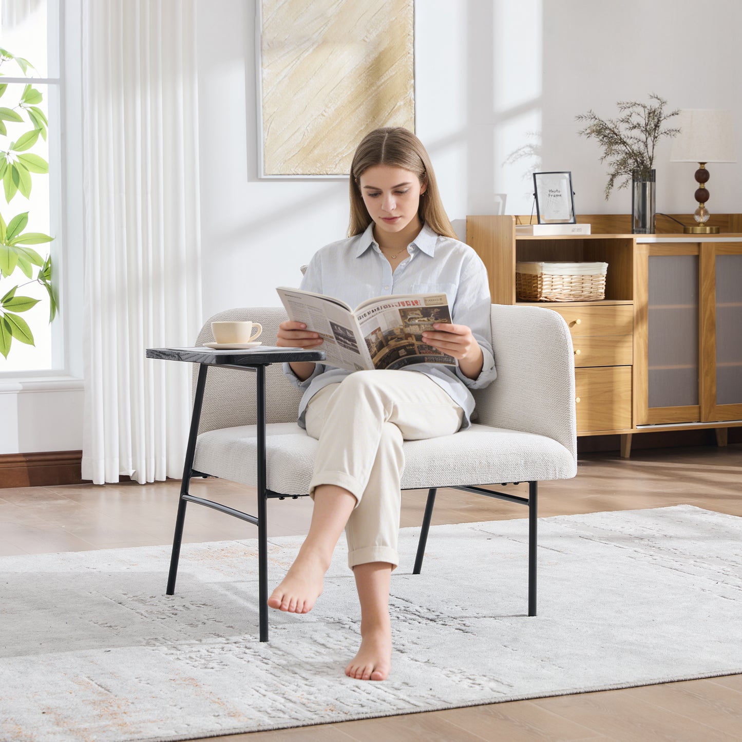 Modern Upholstered Lounge Chair with Side Table & Pillow - Beige