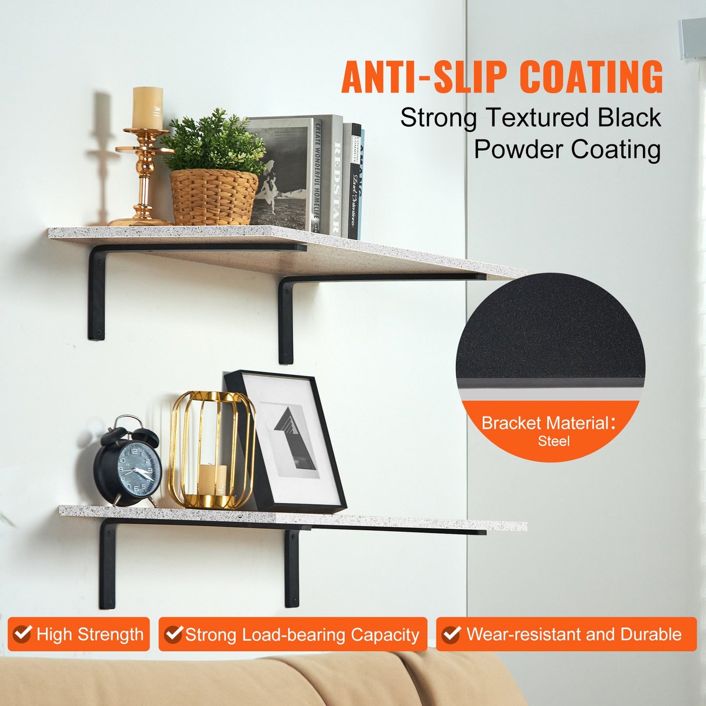 Heavy Duty Floating Shelf Brackets - 16x6 Inch, Black, 4 Pcs