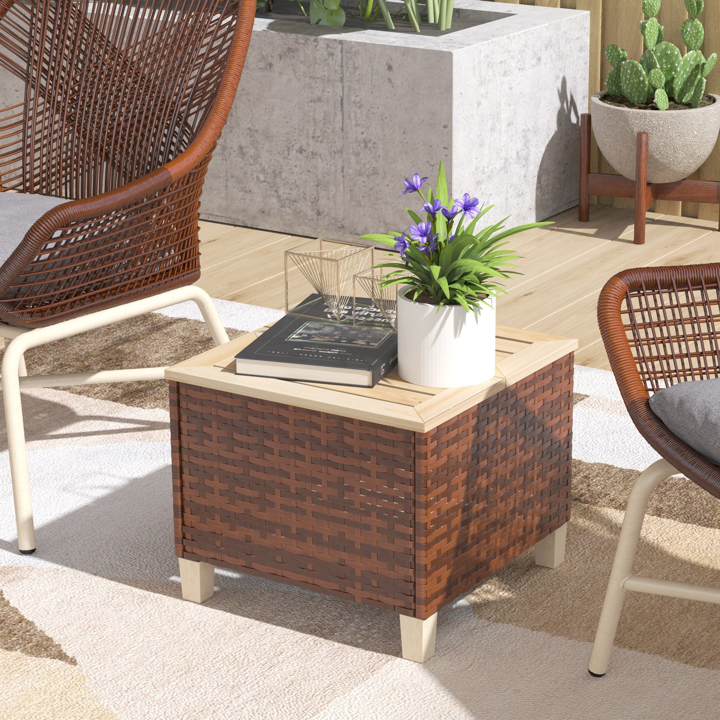 Outdoor Side Table with PE Rattan & Natural Fir Wood Top - Brown
