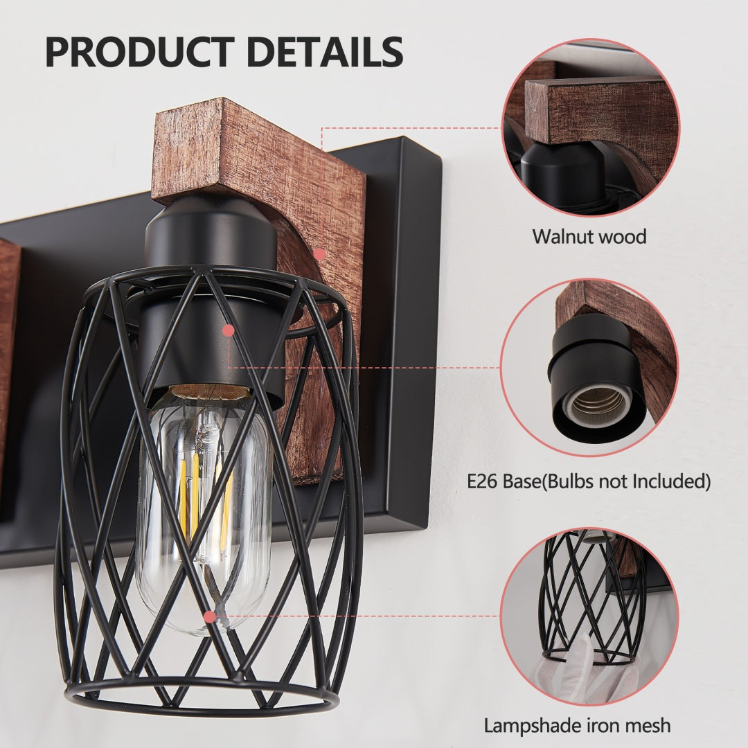 Industrial Vintage 4-Light Wall Sconce - Black Cage & Wood Accents