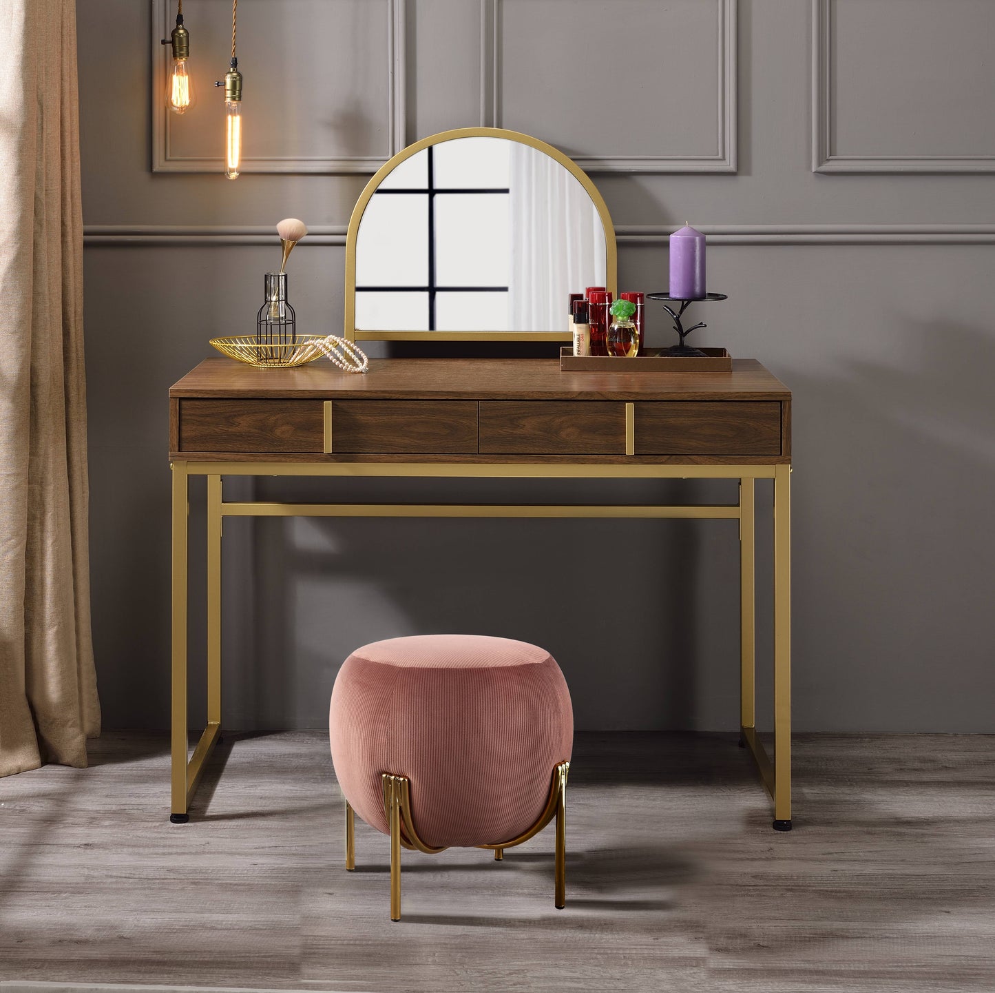 Walnut & Gold Finish Vanity Desk with Mirror & Jewelry Tray