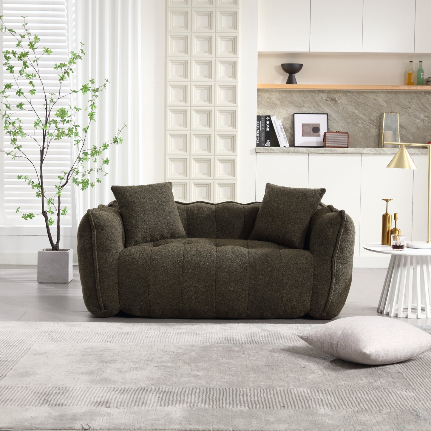 Olive Green Soft Beanbag Chair for Two - Chenille Foam Recliner