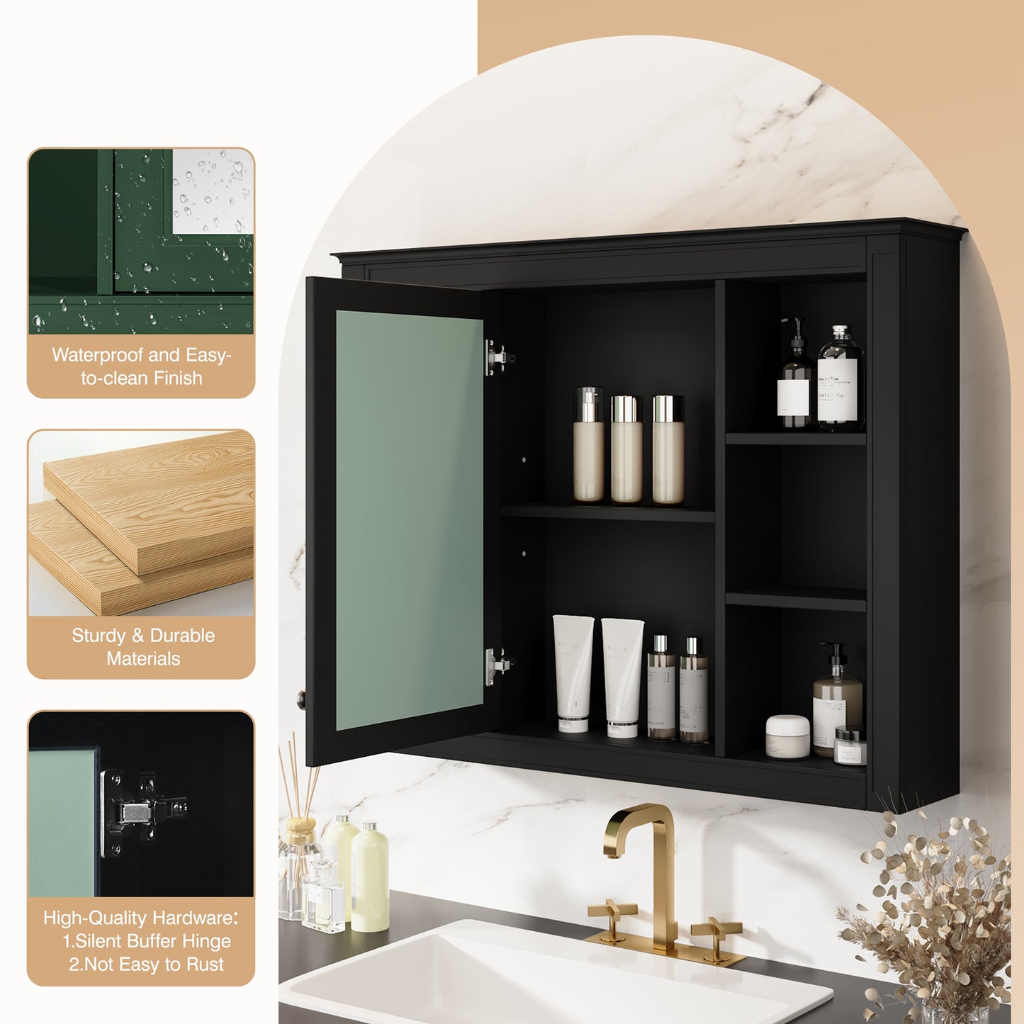 35'' x 28'' Wall Mounted Medicine Cabinet with Mirror - Black