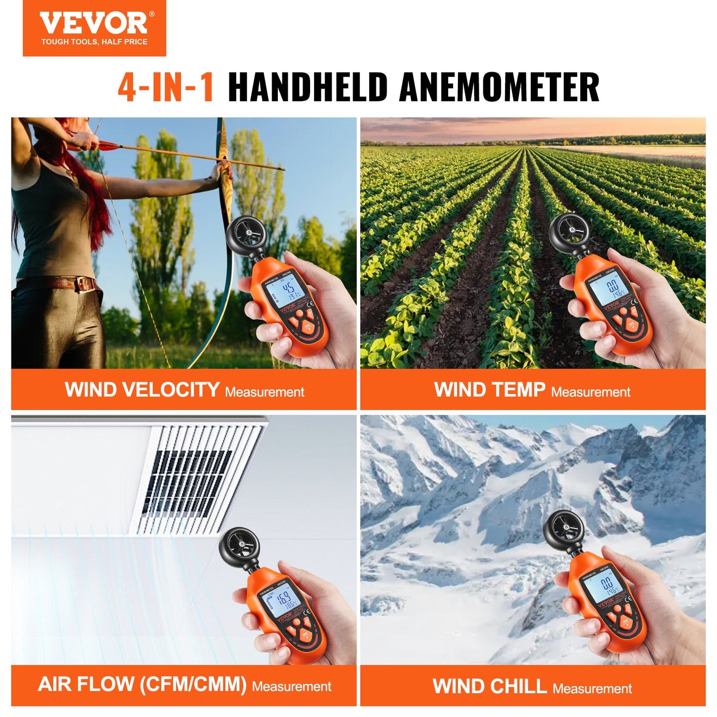 Digital Wind Speed Meter with Backlight - Wind Temperature & Air Flow Gauge - Orange