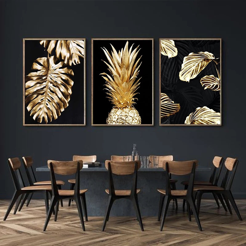 Modern Canvas Wall Art - Abstract Golden Plant Leaf Design, Frameless, Multiple Sizes