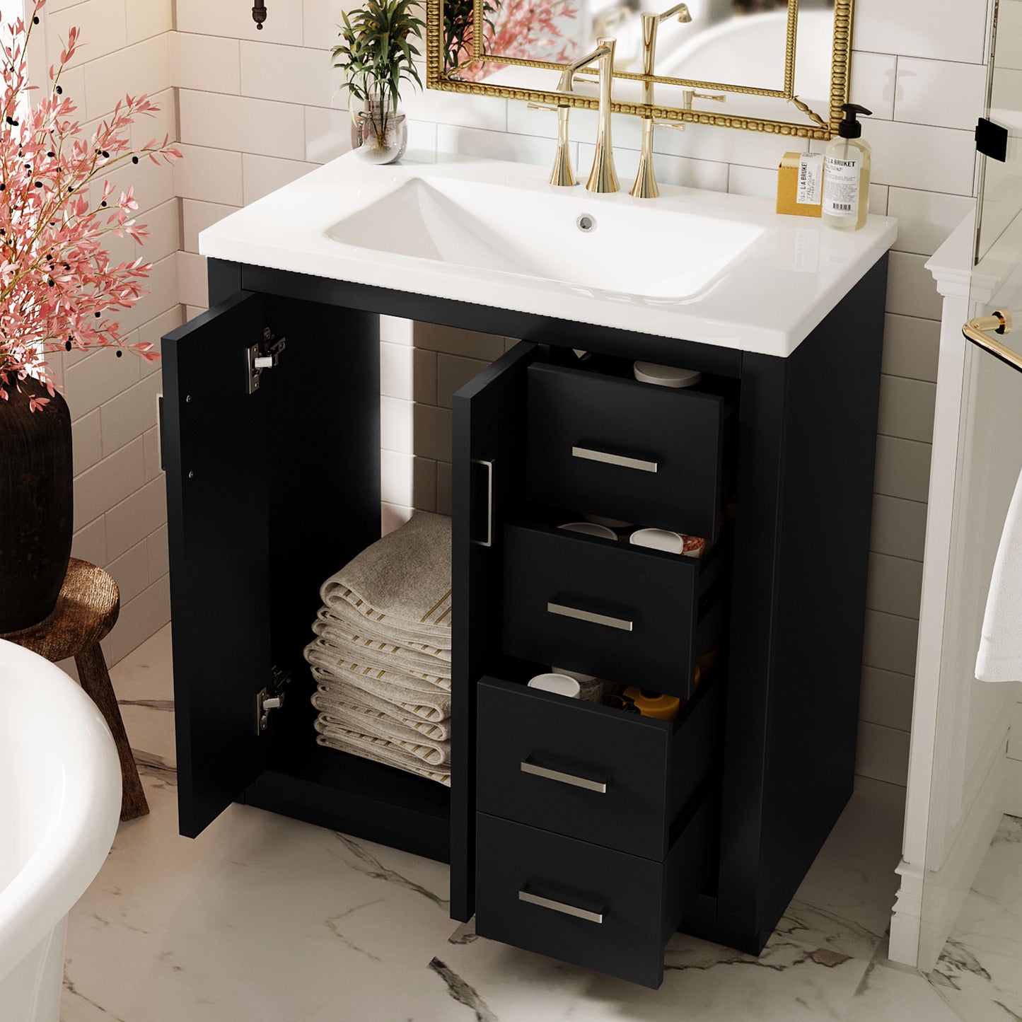 30 Bathroom Vanity With Ceramic Sink Combo, Solid Wood Frame Storage