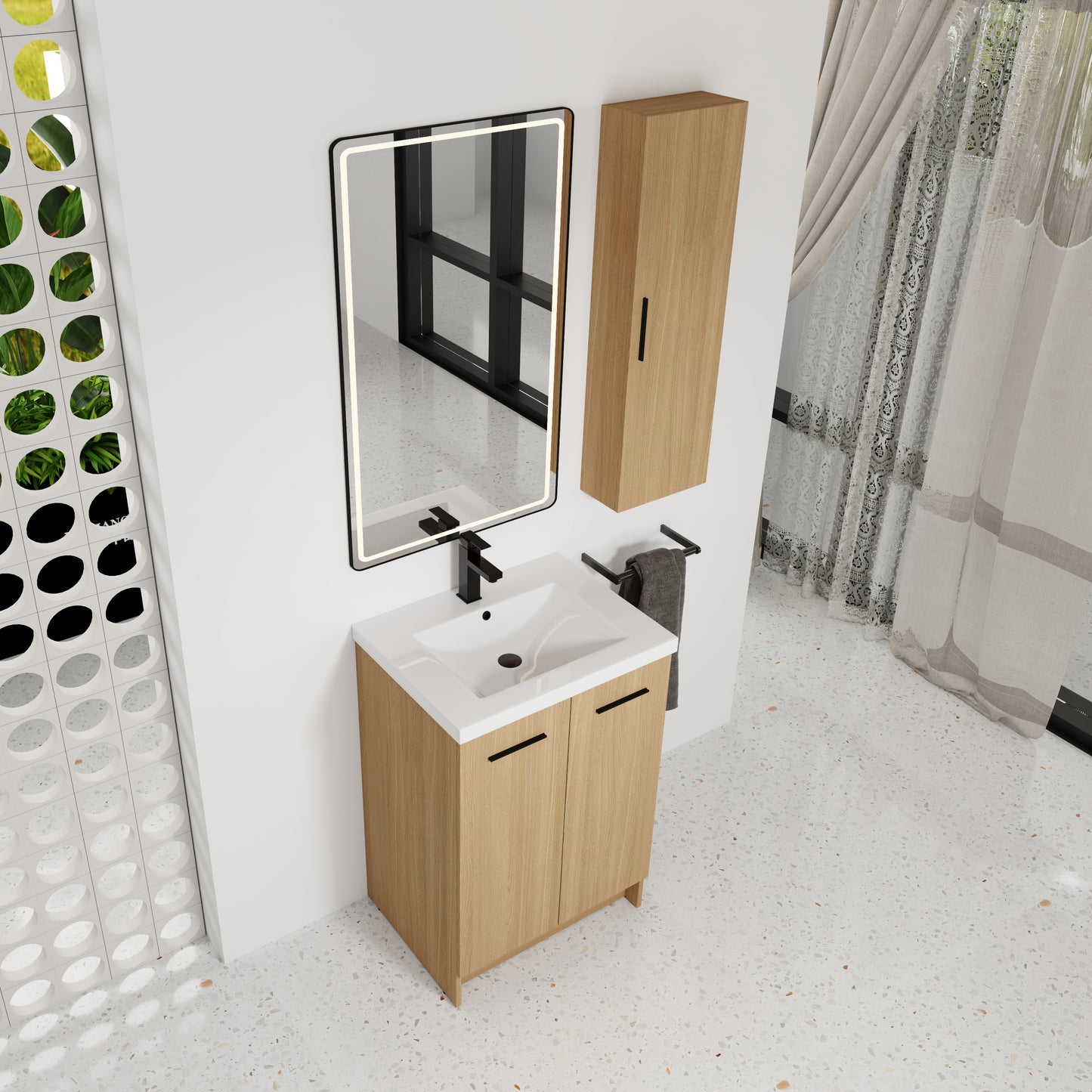 24" Freestanding Bathroom Vanity Set with Linen Cabinet - Light Oak