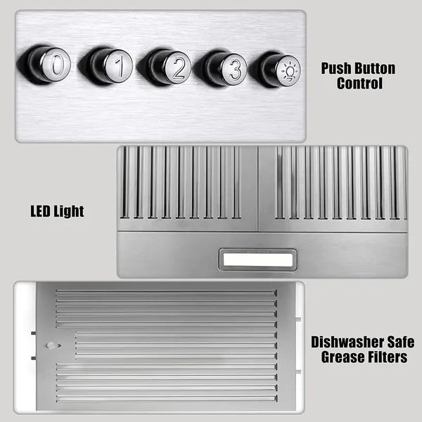 36 Inch Wall Mount Stainless Steel Range Hood with Ducted Ductless Conversion, 3-Speed Exhaust Fan, LED Light, Push Button Control, 3 Baffle Filters