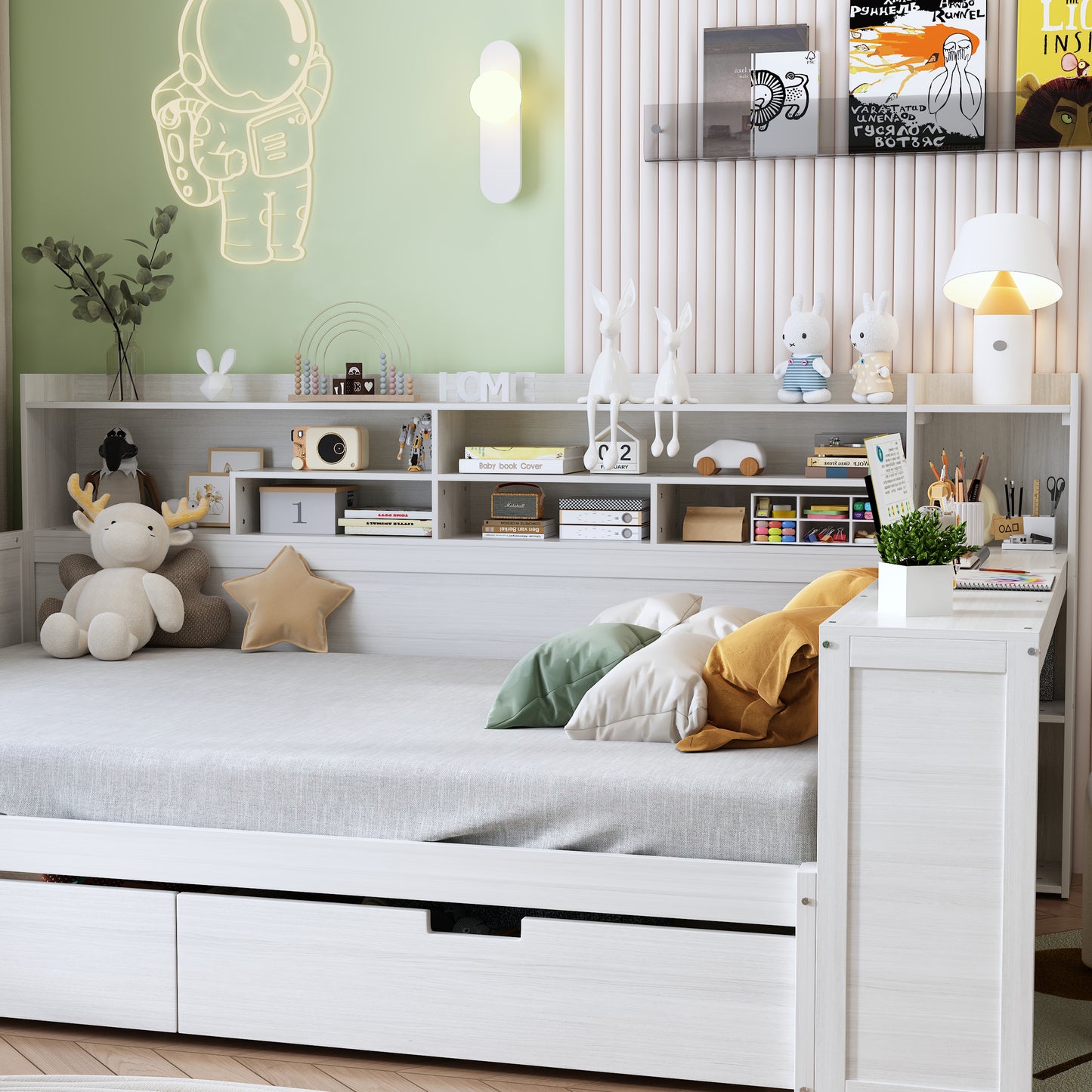 Wooden Full Size Daybed with Storage Drawers & Desk - Antique White