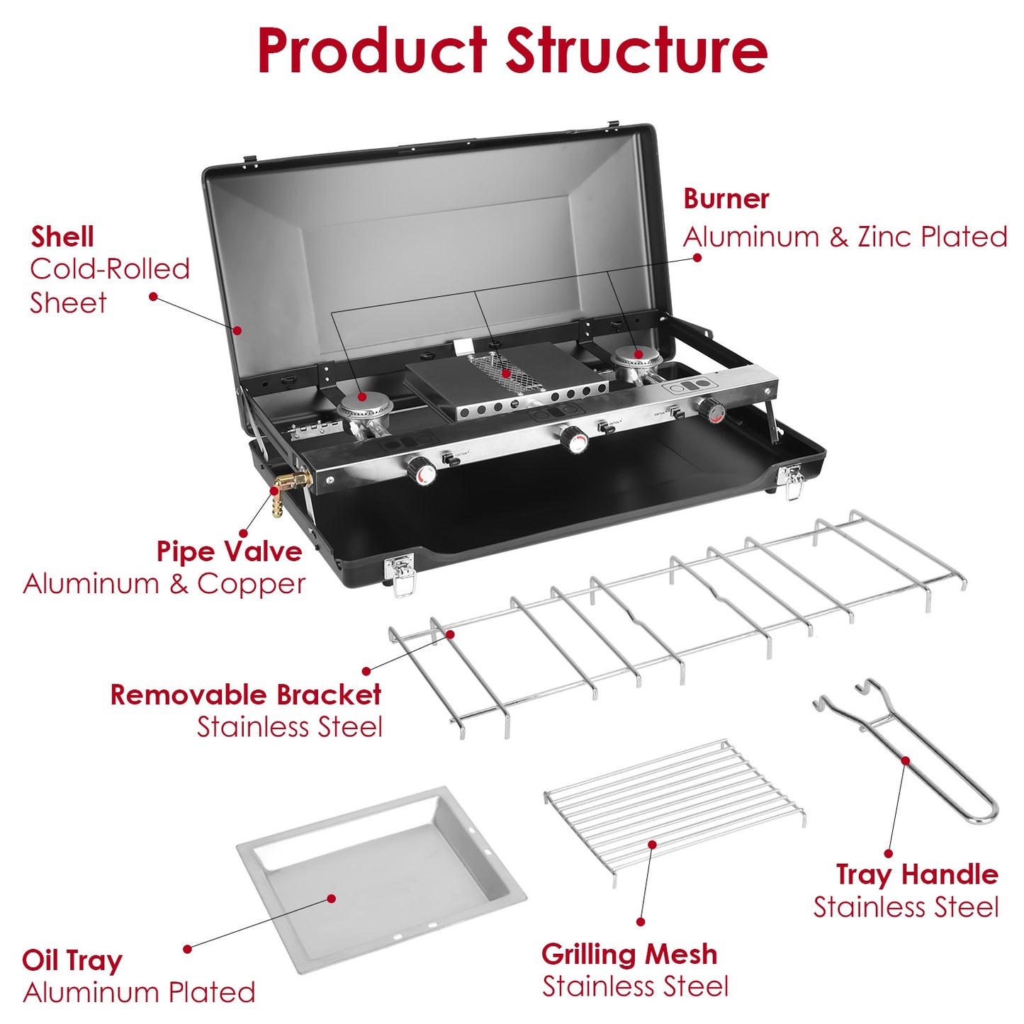 3-Burner Portable Camping Stove - 20000 BTU, Foldable with Toast Tray