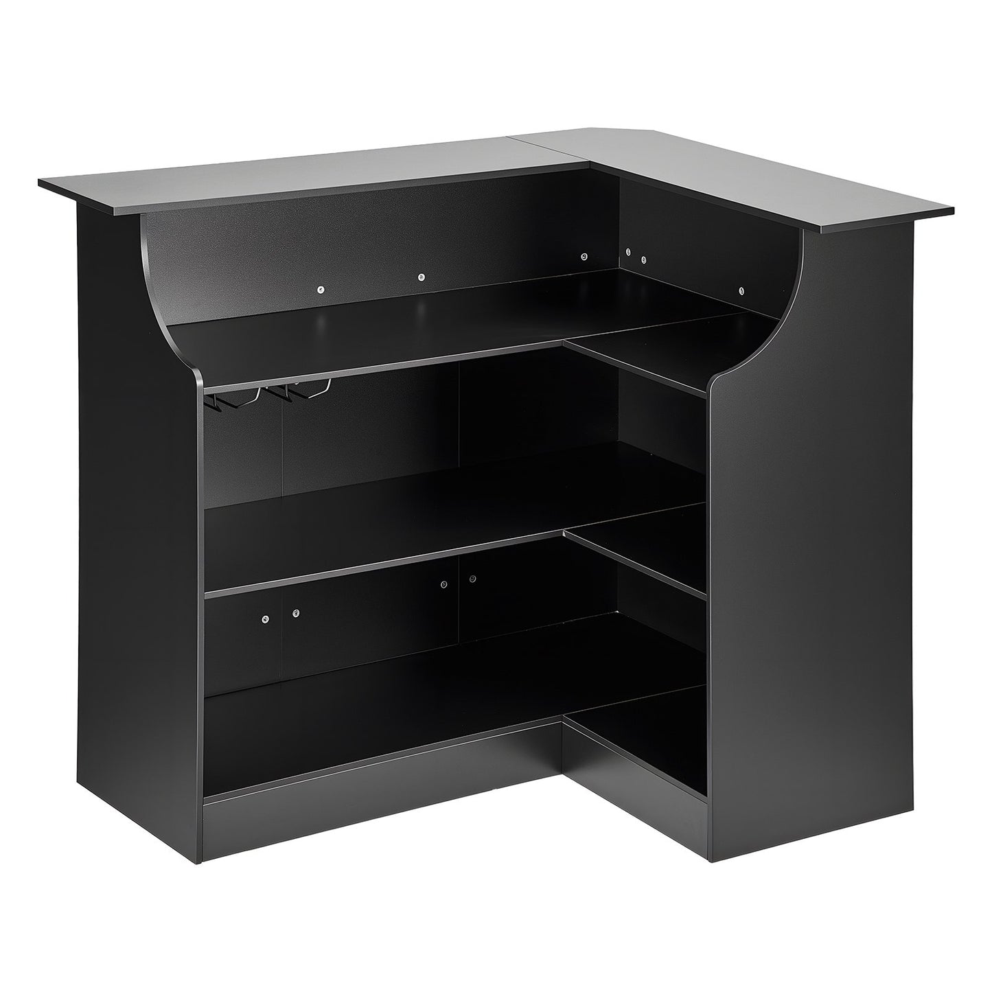 L-Shaped Wine Bar Cabinet with Storage Shelves and Glass Holder - Black