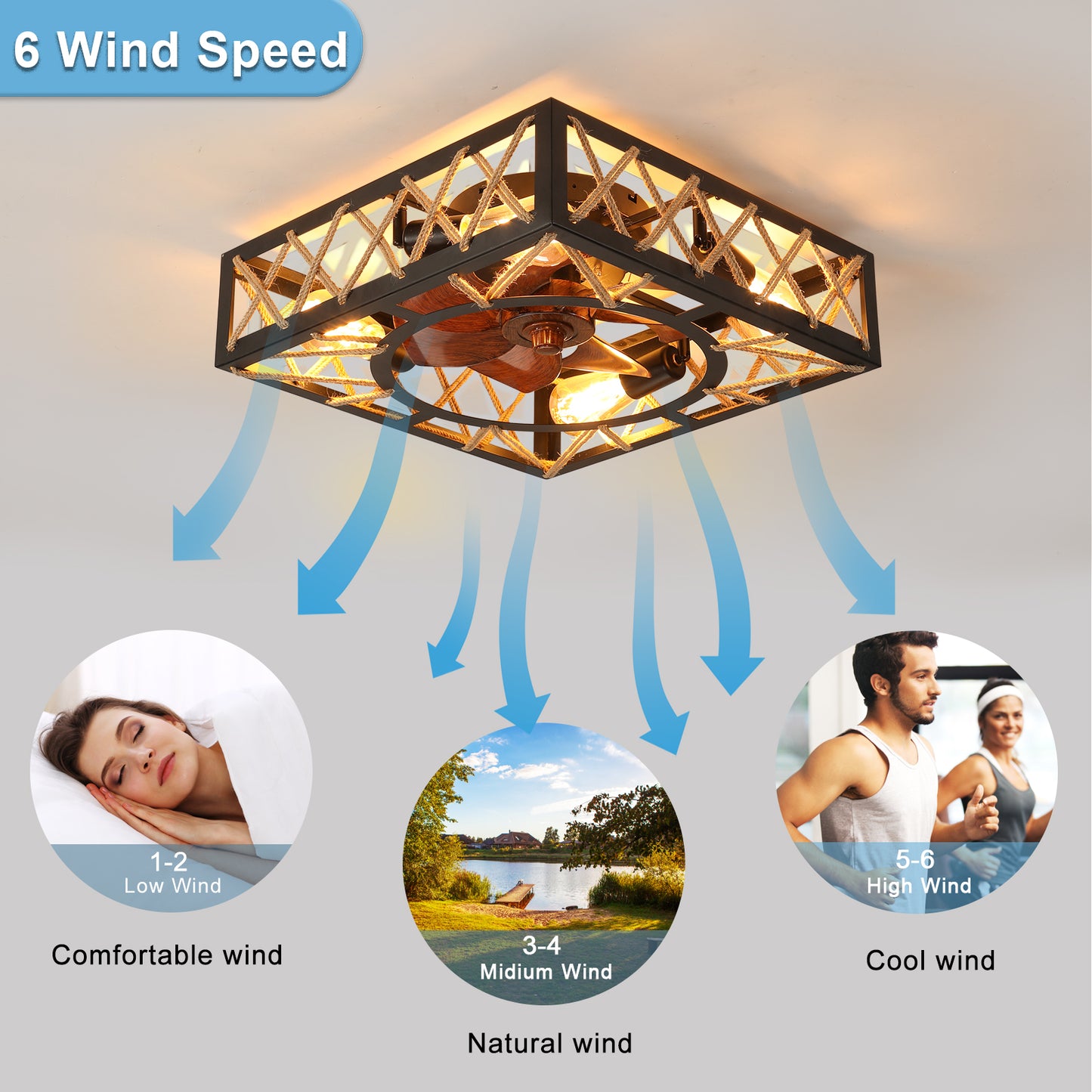 Rustic Ceiling Fan with Remote Control - 6 Speed, Noiseless DC Motor