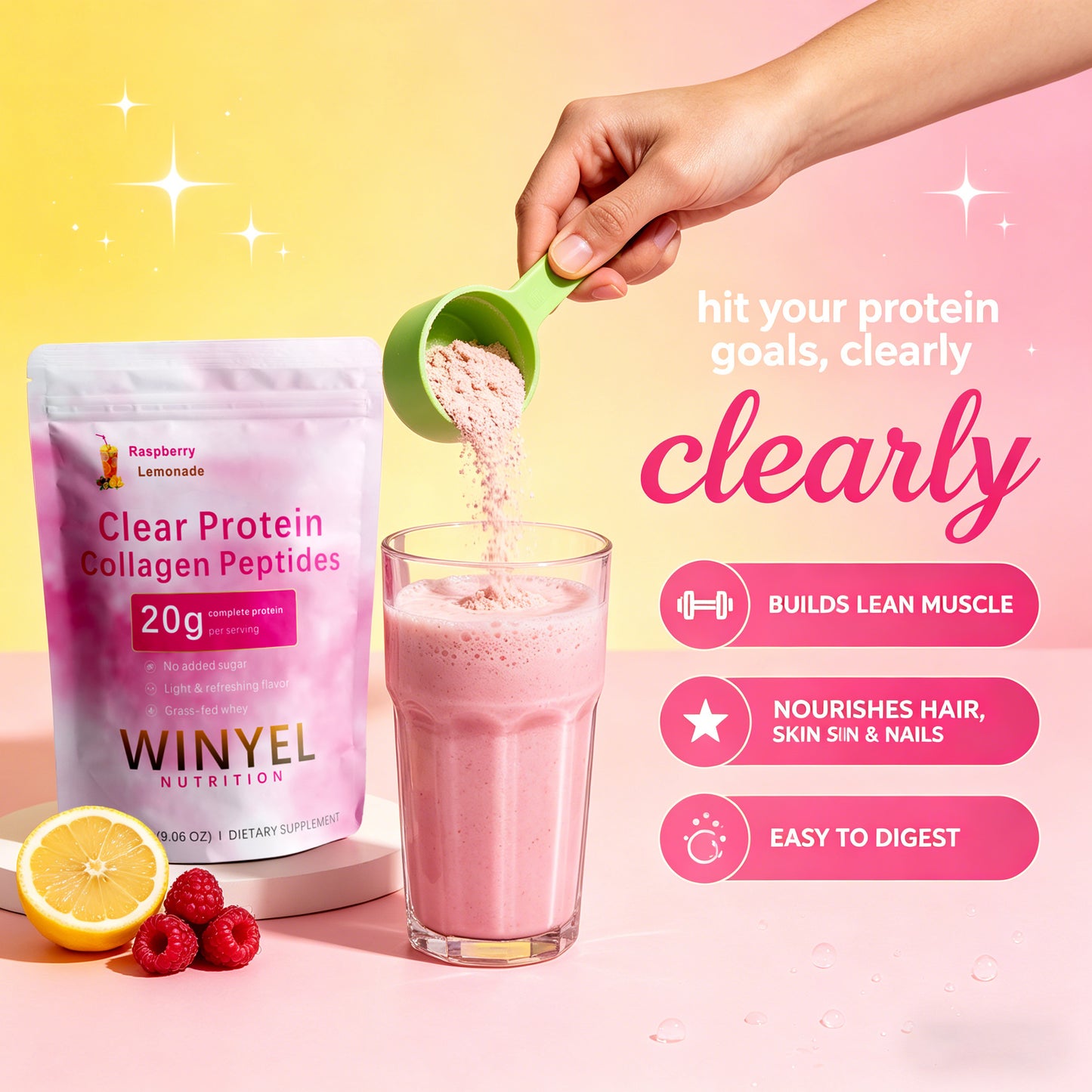 Clear Protein Collagen Peptides Powder - Raspberry Lemonade, Grass-Fed Whey